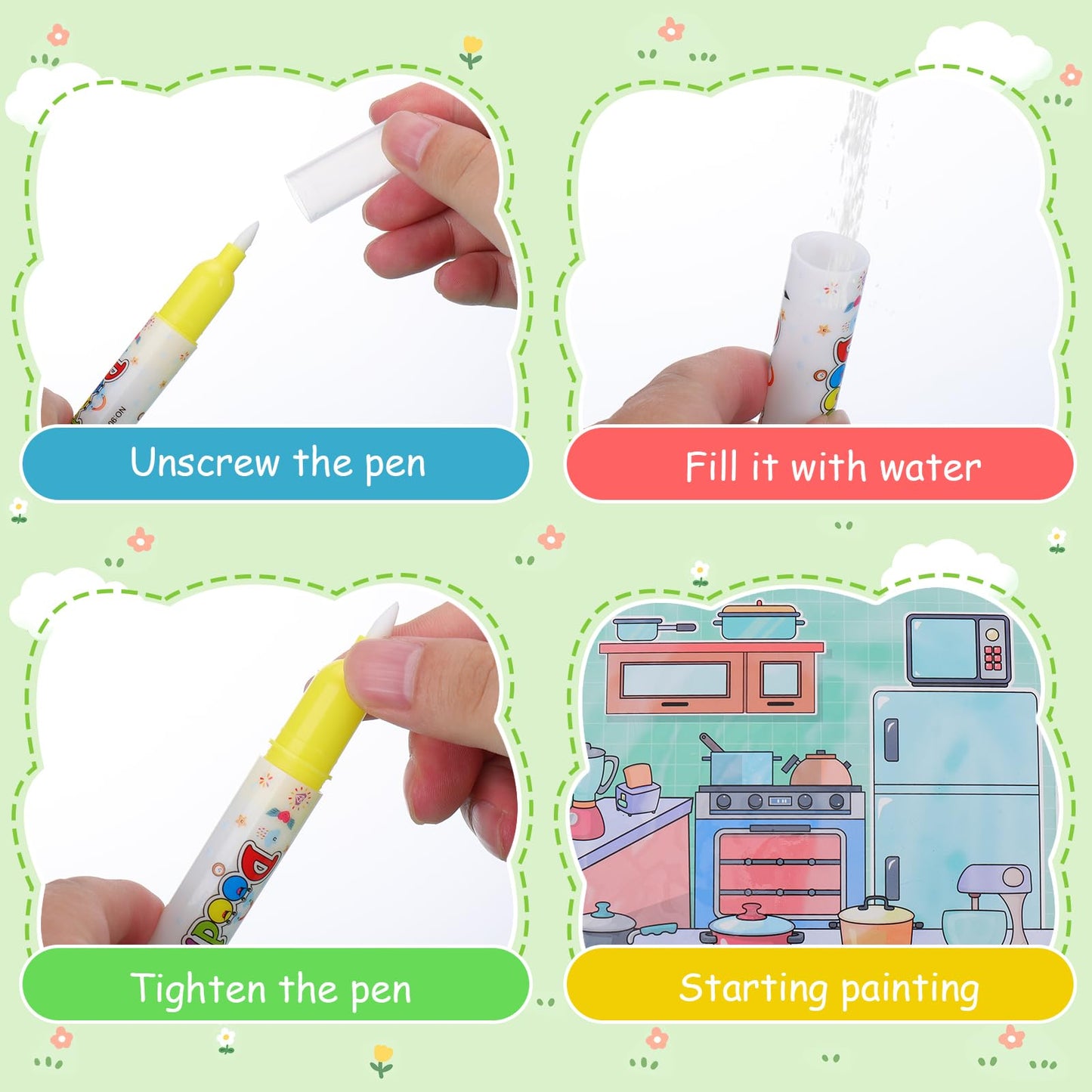Reusable Water Painting Book for Kids, 4Pack Magic Watercolor Books with 4Water Pens