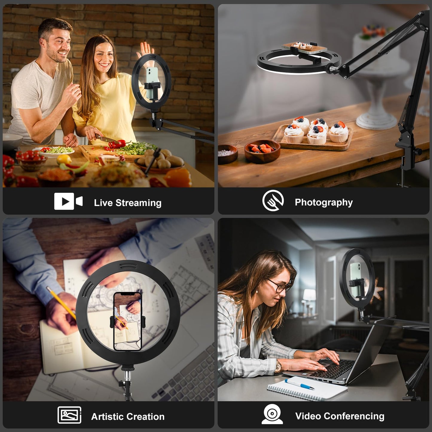 Upgrade Ring Light Overhead Phone Mount, Evershop Selfie Ring Light with Stand and Phone Holder,10”Circle LED Desk Ring Light with Clamp for Video Recording,Zoom Meeting,Live Streaming Tiktok,YouTube
