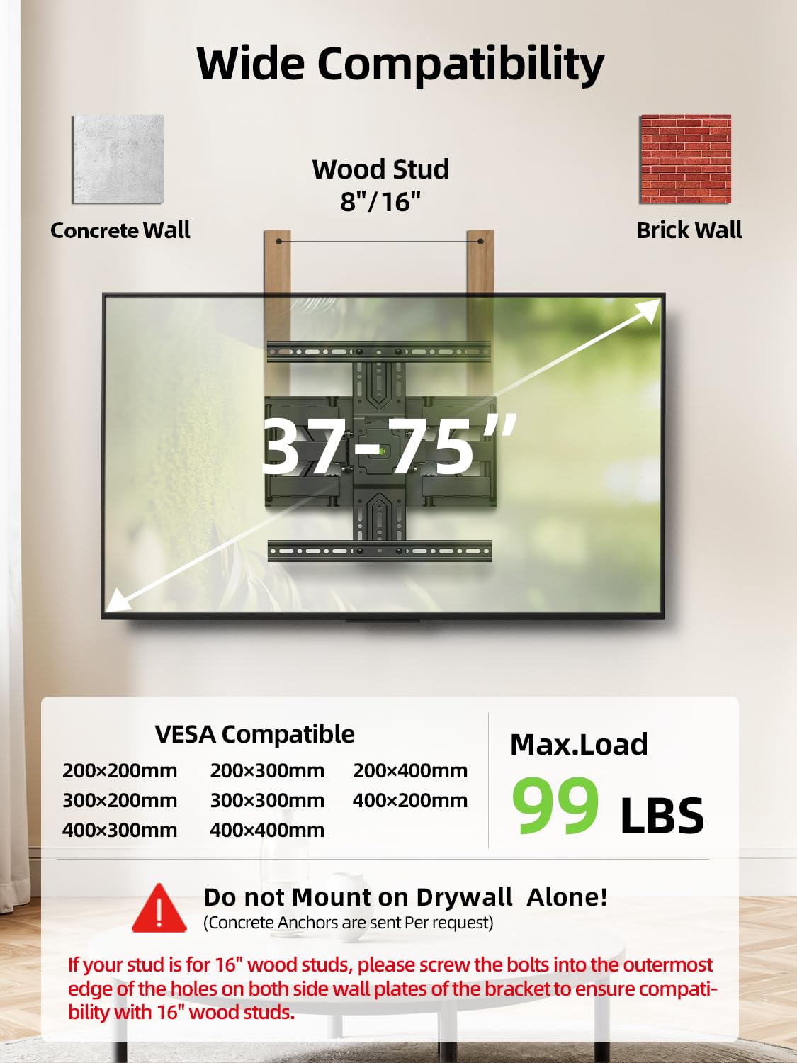 USX MOUNT Ultra Slim TV Wall Mount 37-75 Inch TVs Mount with Swivel and Tilt, Low Profile Full Motion Bracket with Articulating Dual Arms, Up to VESA 400X400 mm Max 16" Wood Studs, Holds 99lbs