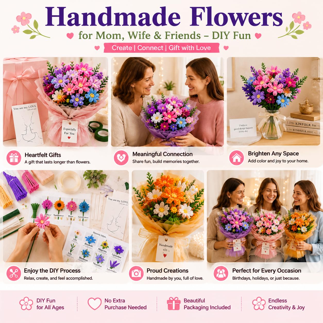 790 PCS Pipe Cleaner Flower Kit, Flower Pipe Cleaner Bulk Set, Pipe Cleaners Pastel for Pipe Flowers, DIY Pipe Cleaner Bouquet Craft Supplies for Handmade Gifts