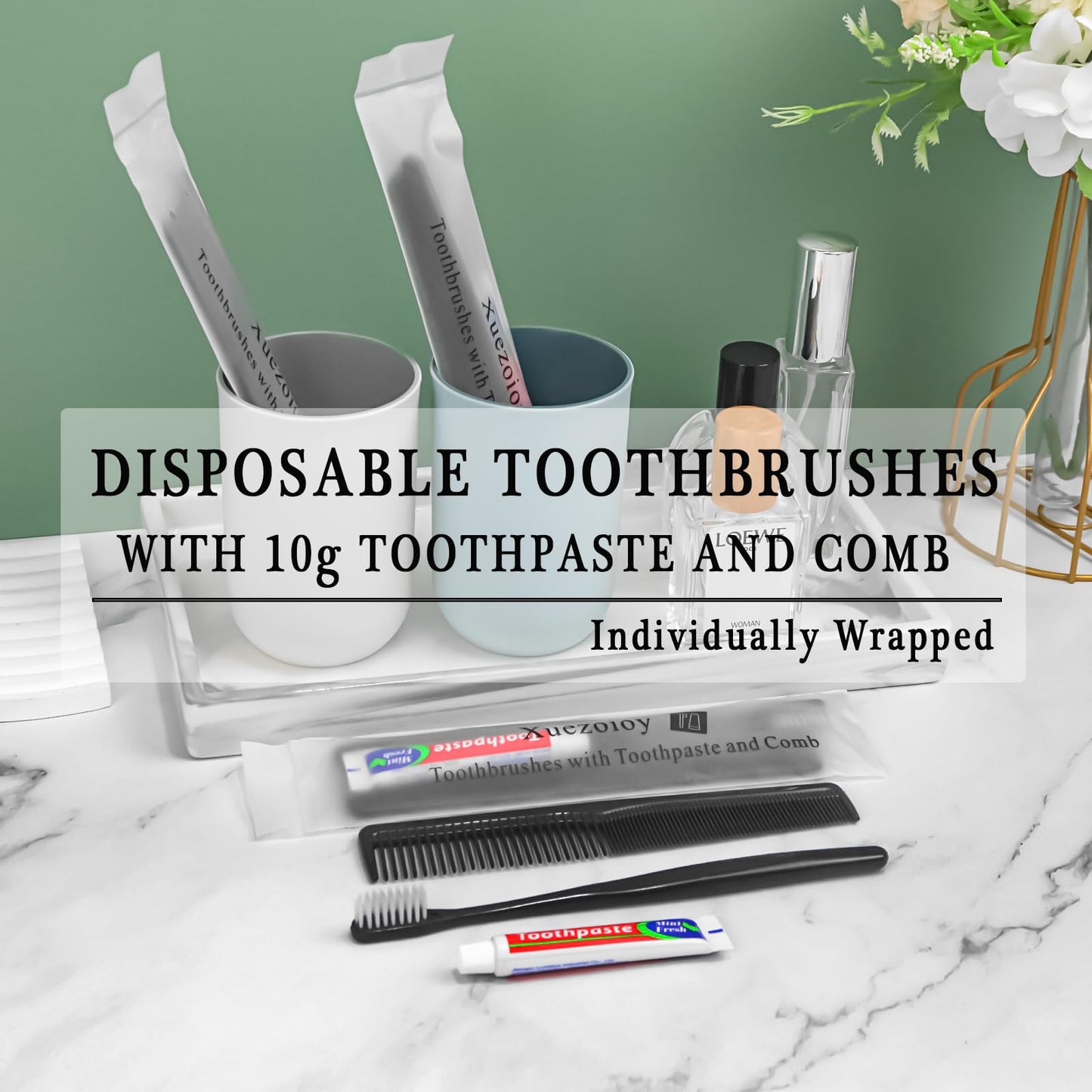 100 Pack Black Disposable Toothbrushes with Toothpaste and Comb Set,10g Toothpaste,7inch Hair Comb,Individually Wrapped Disposable Travel Toothbrushes Kit in Bulk for Homeless,Airbnb,Hotel,Shelter