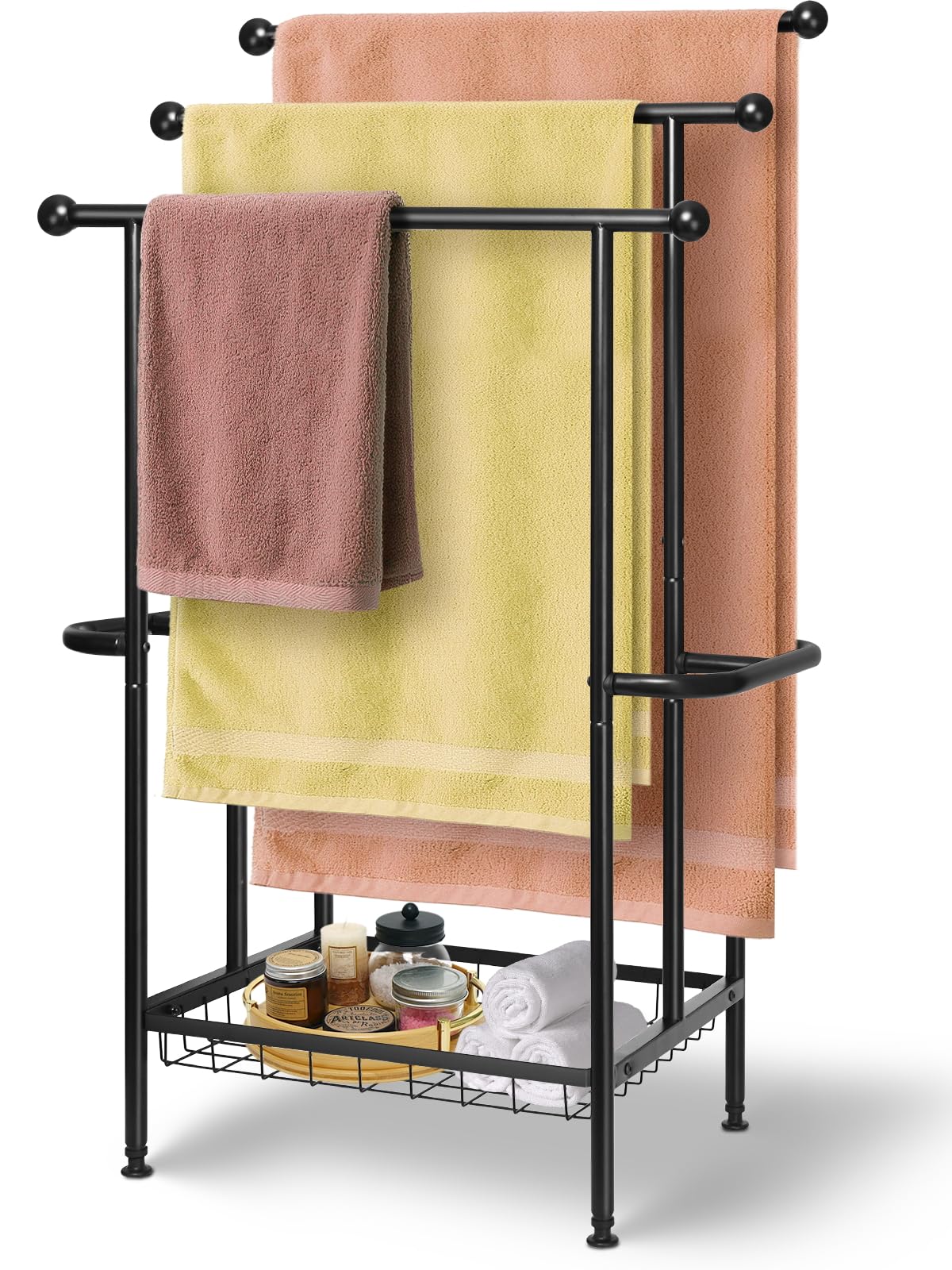 Haturi Free Standing Towel Rack for Bathroom, 3-Tier 39" H Black Metal Towel Drying Rack with Storage Basket, 24.4" L x 13" W x 39" H Rust-Resistant Outdoor Holder for Pool & Oversized Towels