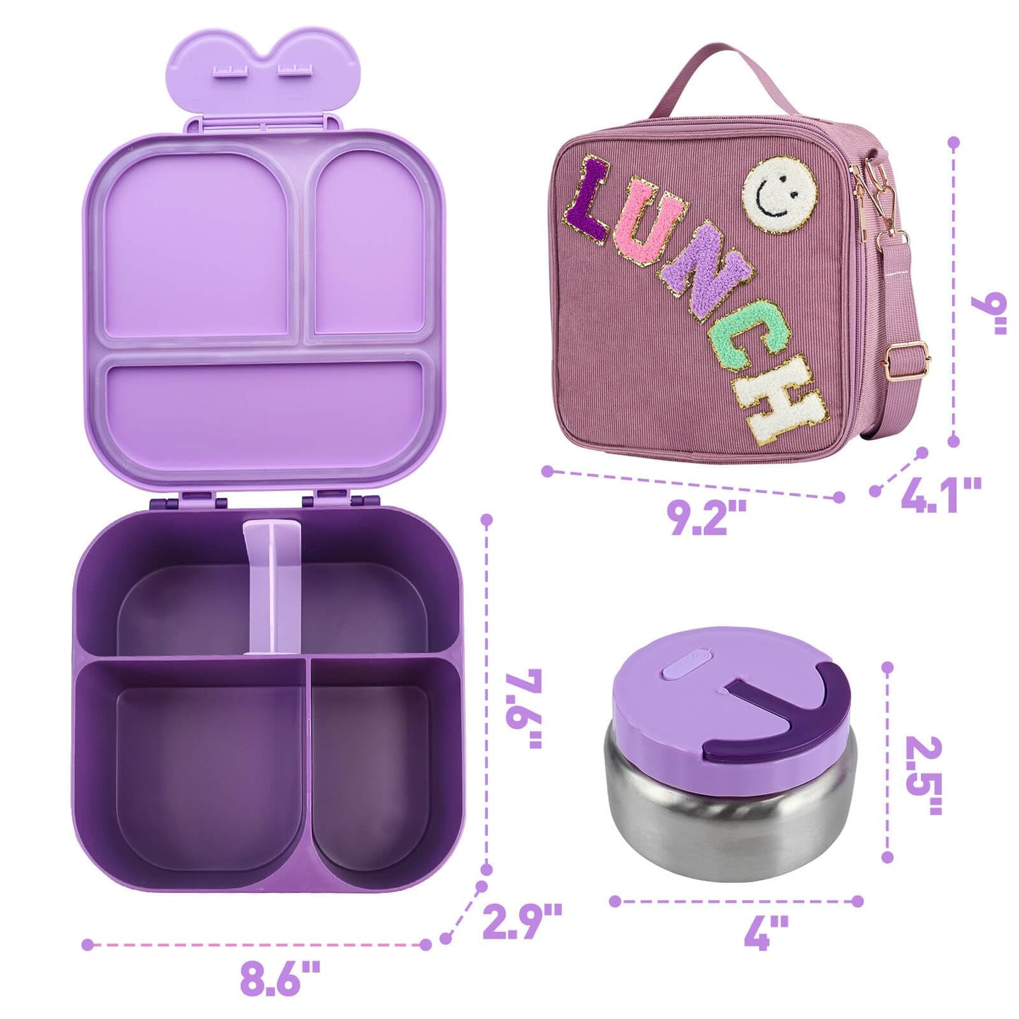 Lunch Box with Bento Box with 4 Compartment, with Leak Proof Thermo Food Jar, Preppy Corduroy Insulated Lunch Bag for Womens Girl Kids Teens School Travel Picnic (Purple)