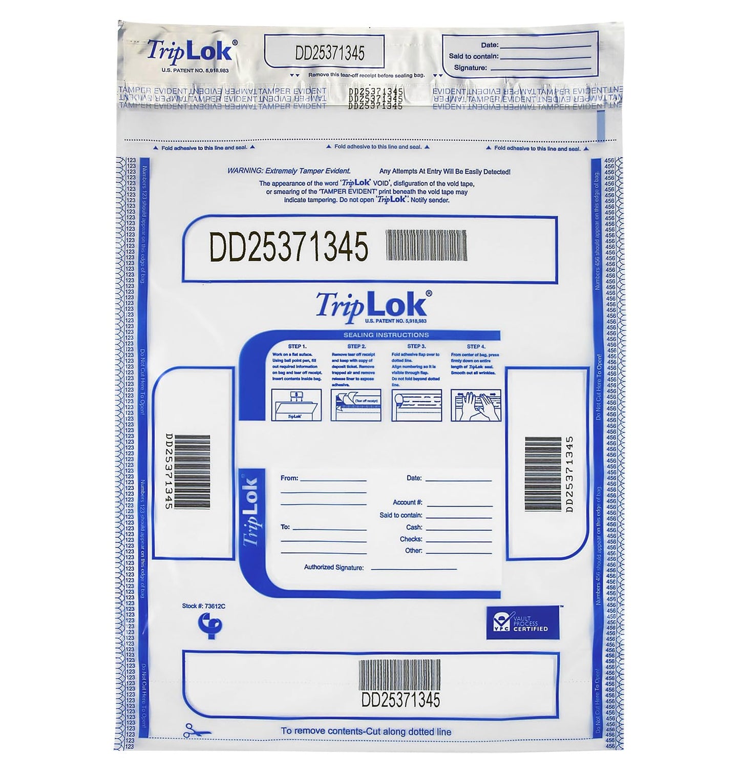 ControlTek TripLok Tamper-Evident Deposit Bags, Clear, 12" x 16", 100 Bags
