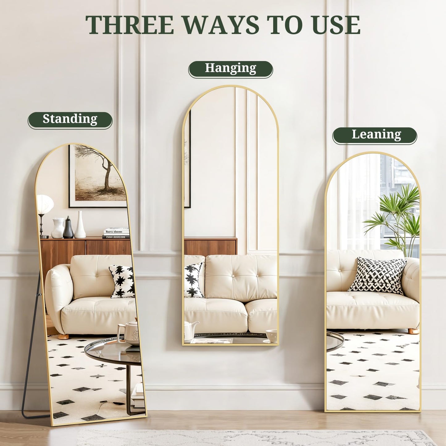 Mirror Full Length 59"x16" Full Body Floor Mirror with Stand, Shatterproof Glass, Aluminum Alloy Frame, Free Standing Wall Mounted or Leaning Arched Mirrors for Bedroom Living Room Entryway