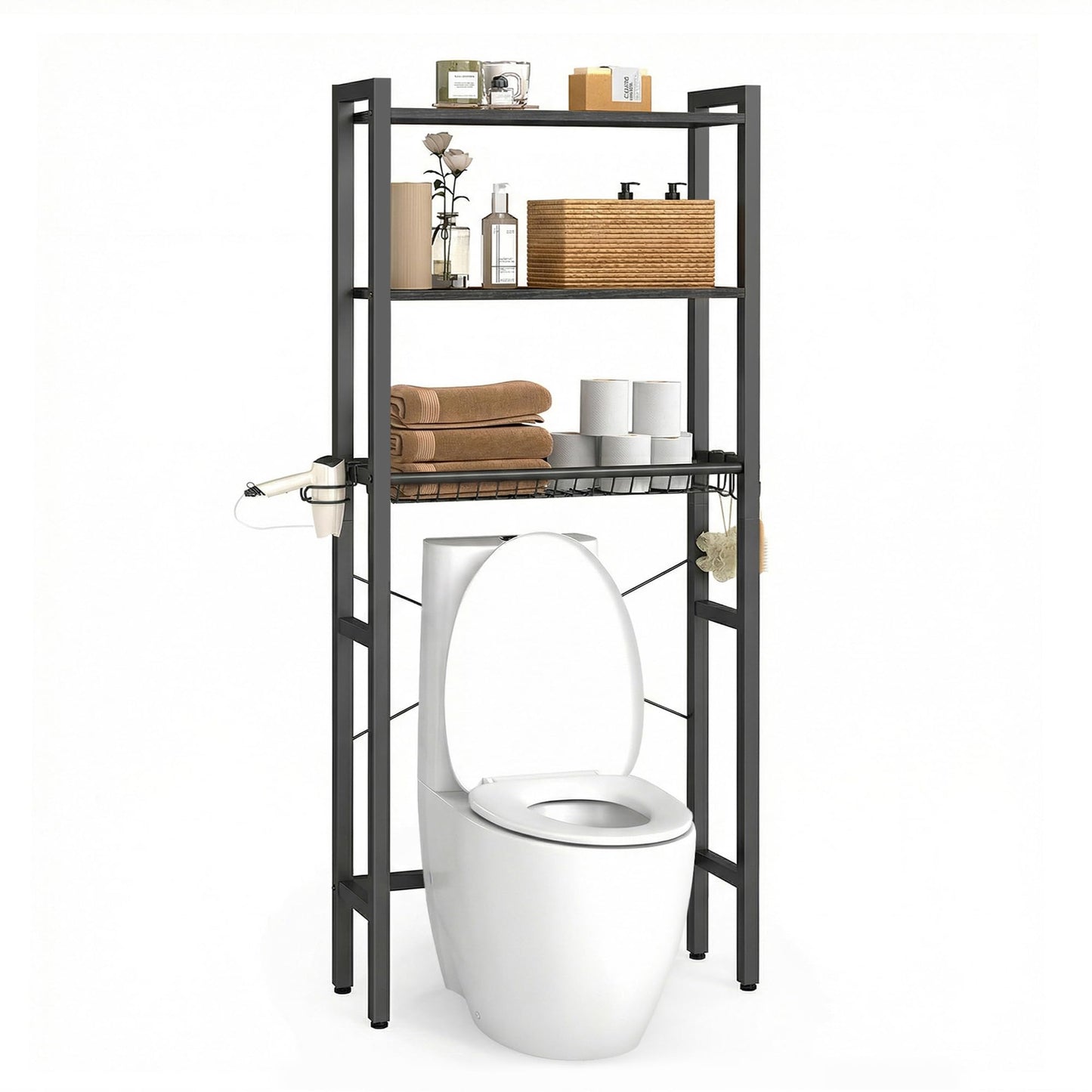 VASAGLE BARNET Collection - Over the Toilet Storage, Over Toilet Bathroom Organizer with Adjustable Shelves and Basket, 3 Hooks, Space Saving, 9.4 x 23.6 x 63 Inches, Ebony Black UBTS113BE01S