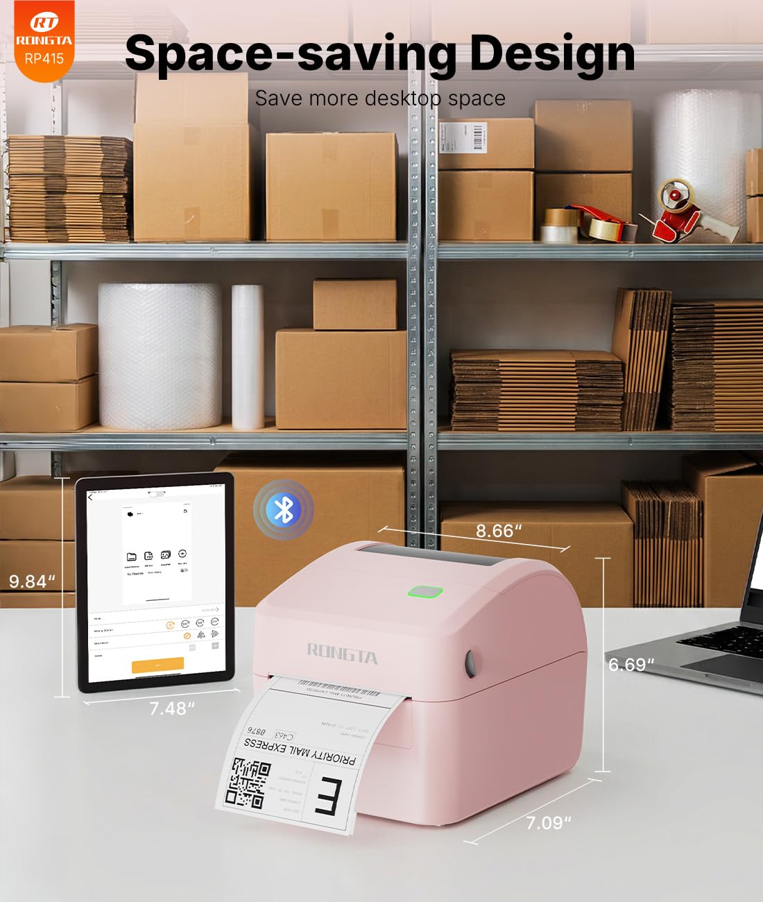 Rongta 4x6 Bluetooth Shipping Label Printer - Thermal Label Printer for Shipping Packages, Small Business, Home, Office, Compatible with Amazon, Tiktok, Etsy, USPS, Commercial Grade, Pink