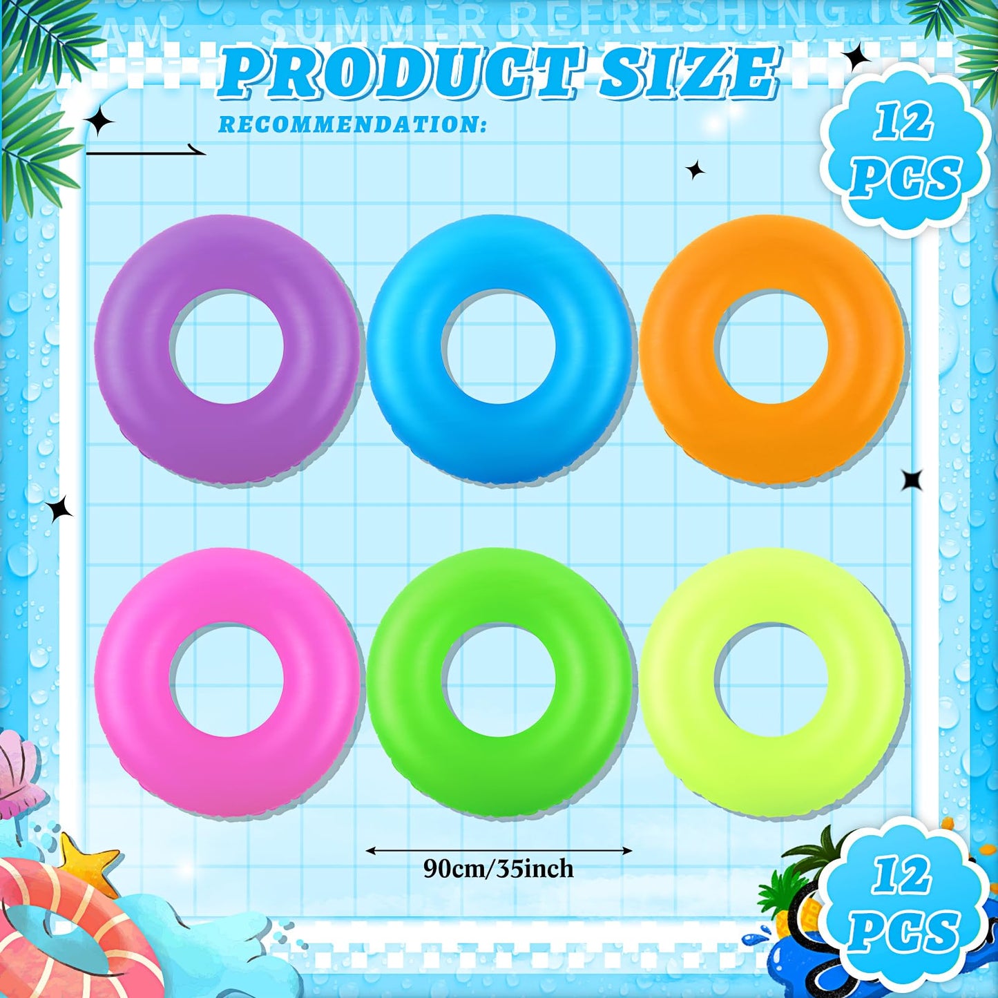 Civaner 12 Pieces Inflatable Pool Floats, 35 Inches Neon Swim Tubes for Adults Ring Pool Floaties Bulk for Beach, Summer, Holiday, Bachelorette Party Decorations
