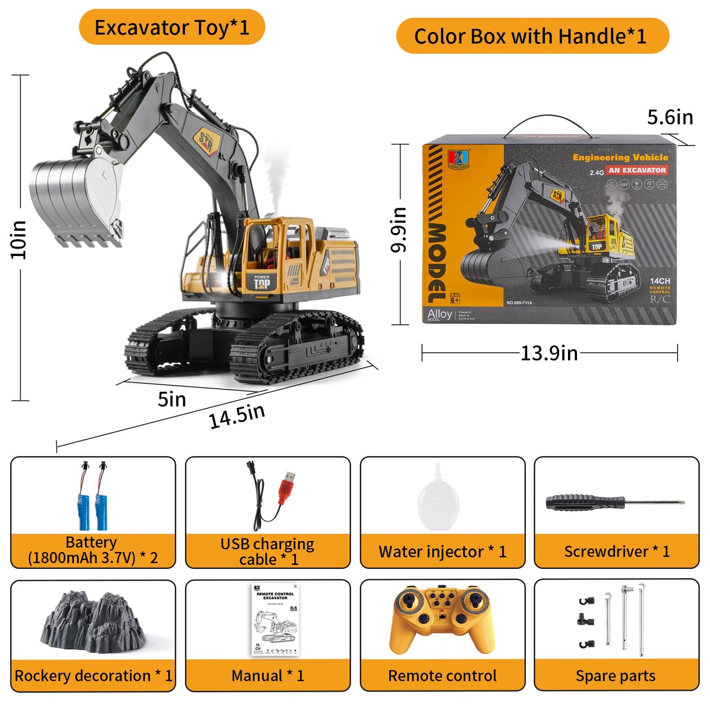 KASQERT Remote Control Excavator Toys for Boys,14 Channel RC Digger Construction Toys Tractor,Simulated Smoke, Sound, Lighting, Metal Digging Head, for Boys 6 7 8 9 10 11 12