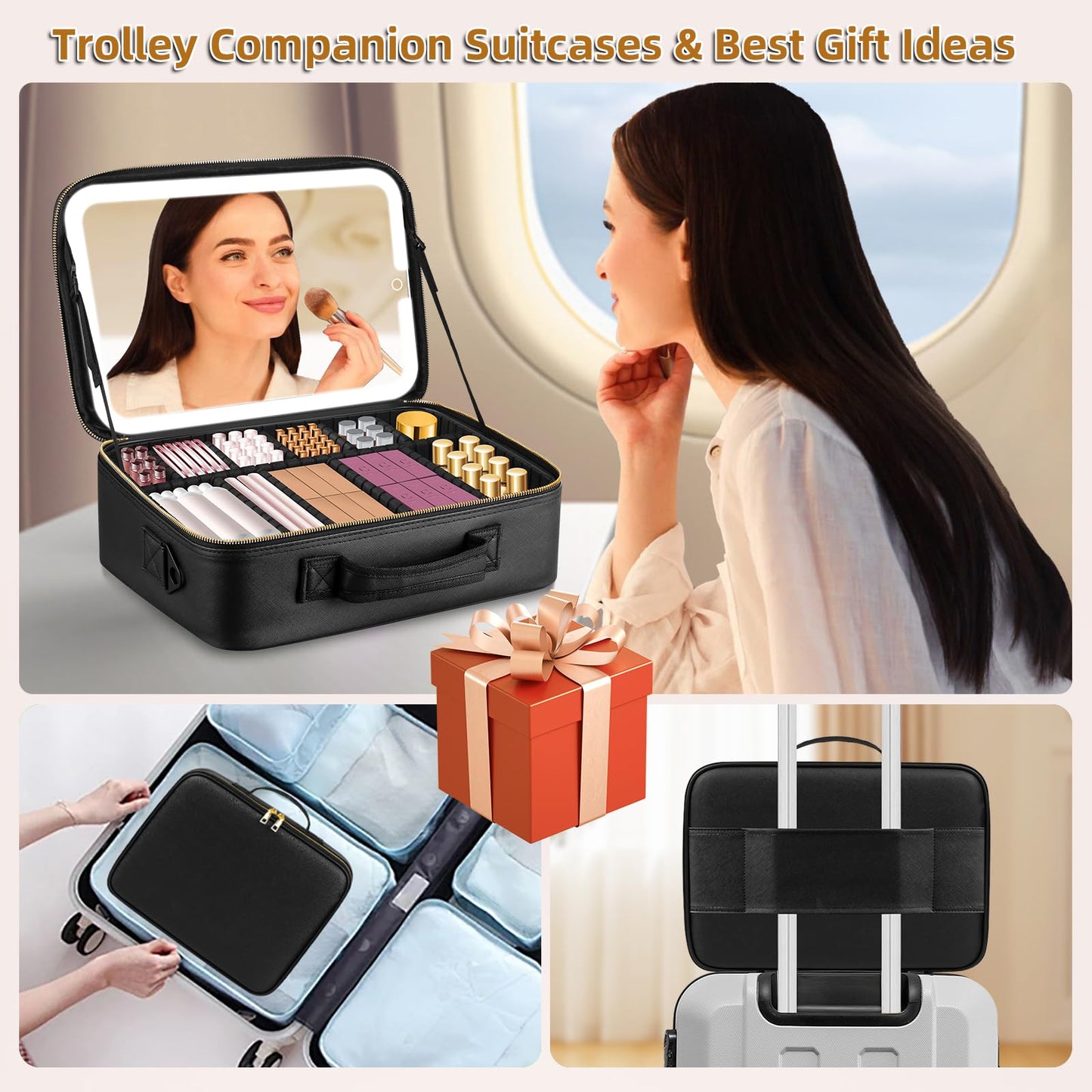 JJhxr 15''X11'' Makeup Bag with Removeable Lighted Mirror, Travel Makeup Case with 3 Color Lights Dimmable Brightness, Large Capacity Cosmetic Organizer Case with Detachable Dividers & Shoulder Strap