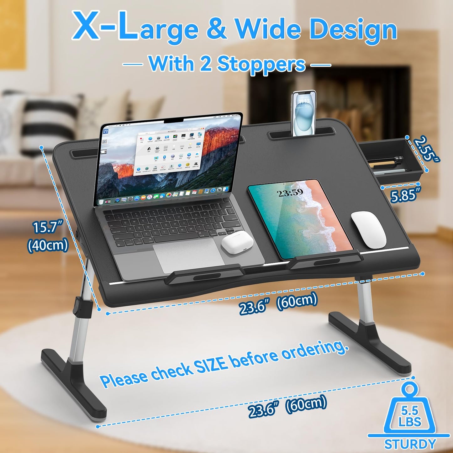 EVETTO Laptop Bed Desk, X-Large Leather Adjustable Computer Bed Table Tray, Foldable Laptop Lap Desk for Bed Sofa Couch Floor Writing Eating Working with Drawer 2 Movable Stoppers (23.6 inch, Black)