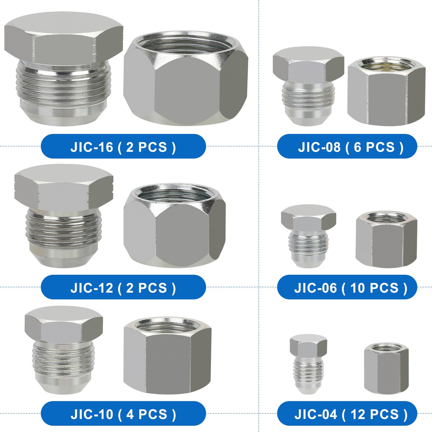 ANCIMOON 72PCS JIC Cap and Plug Set, 37 Degree Flare Threads Hydraulic Hose Fittings, Carbon Steel, Size 4 6 8 10 12 16