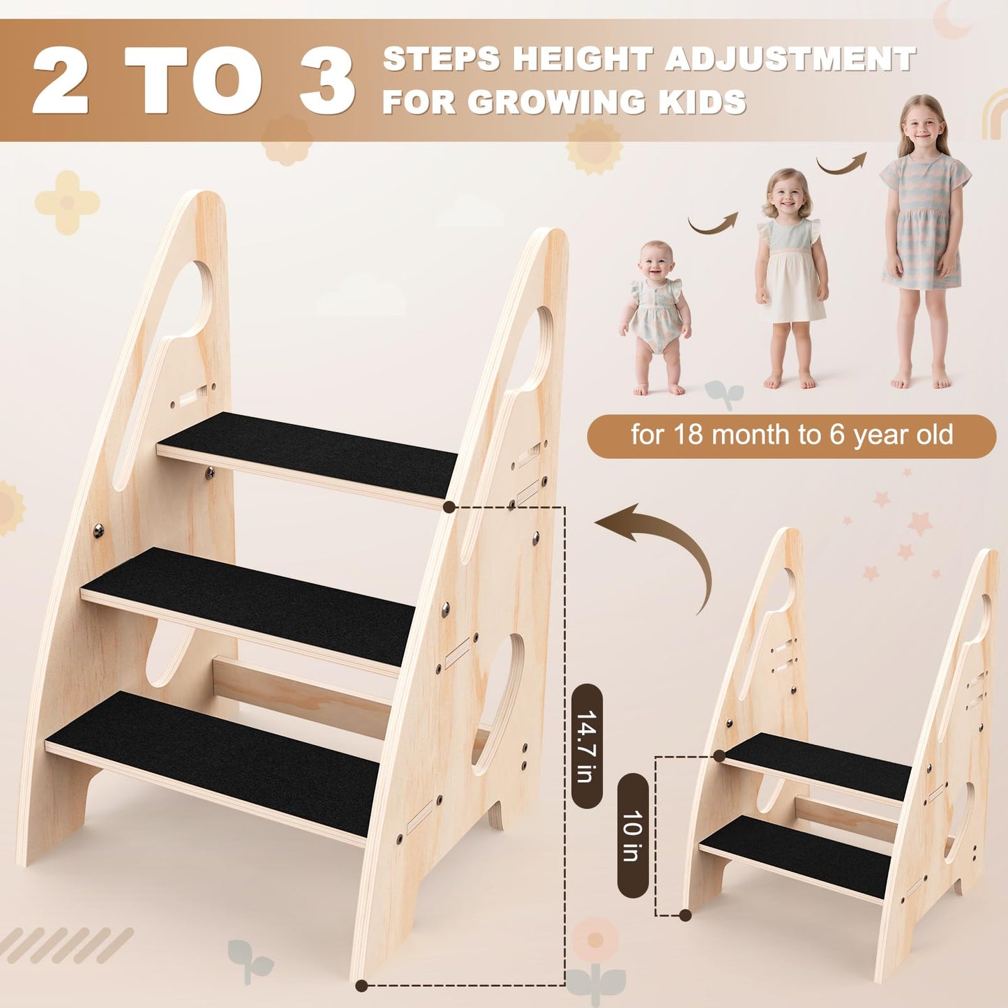 Toddler Step Stool, Wooden Height-Adjustable 3-Step Stool for Kids, Potty Training Stool with Handles and Non-Slip Pads for Bathroom Sink, Kitchen, Bedroom