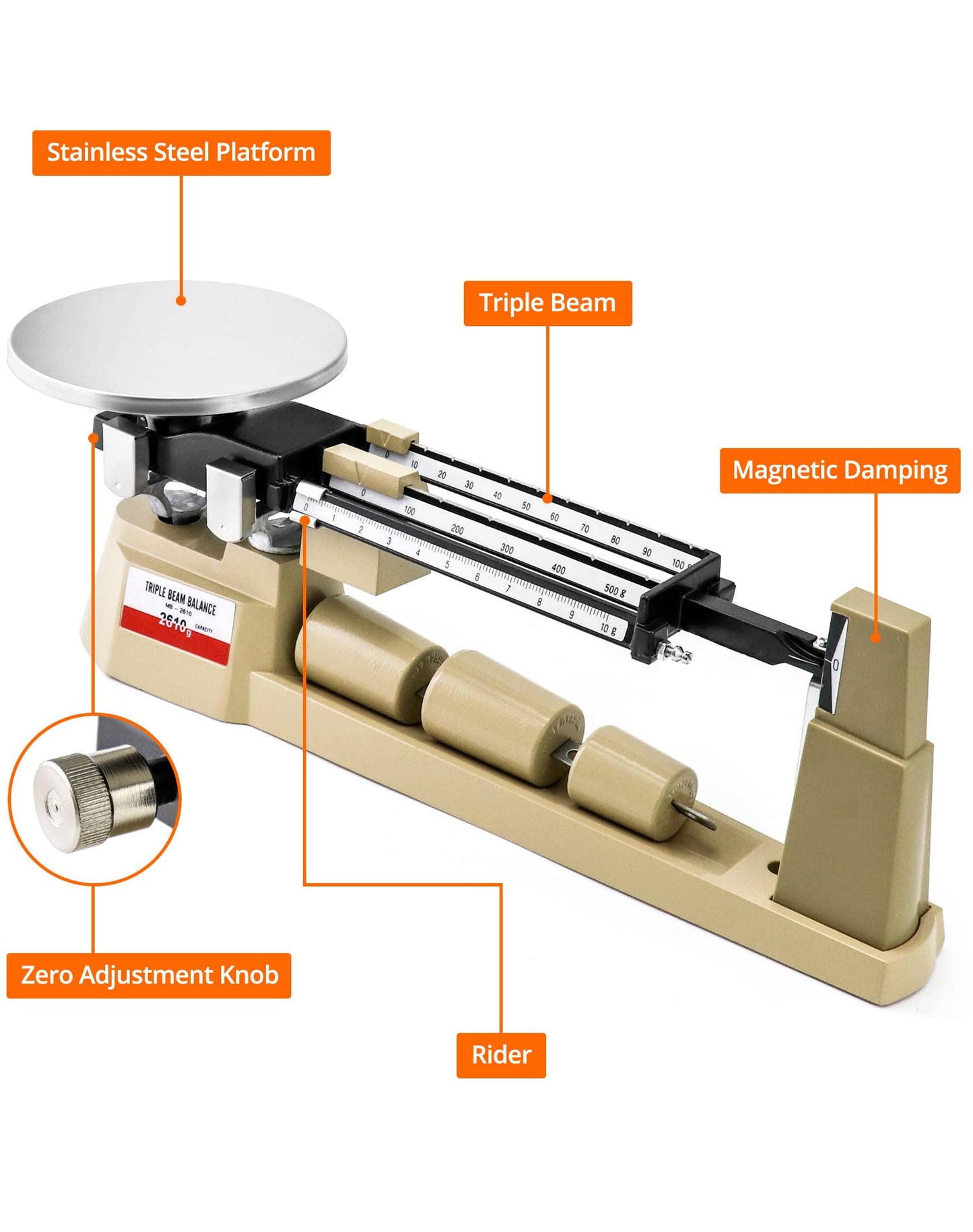 QWORK Triple Beam Mechanical Balance, 2610g/0.1g Lab Analytical Weight Set, Triple Beam Scale with Zero Adjustment Knob, No Need Battery