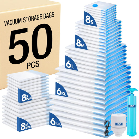 AROIC 50 Pack Vacuum Storage Bags, 5 Sizes + 2 Roll-up (8 Each) Space Saver Vacuum Sealer Bags for Clothing with 1 Electric Pump and 1 Hand Pump, Seasonal Storage Bags for Luggage, Travel Essentials