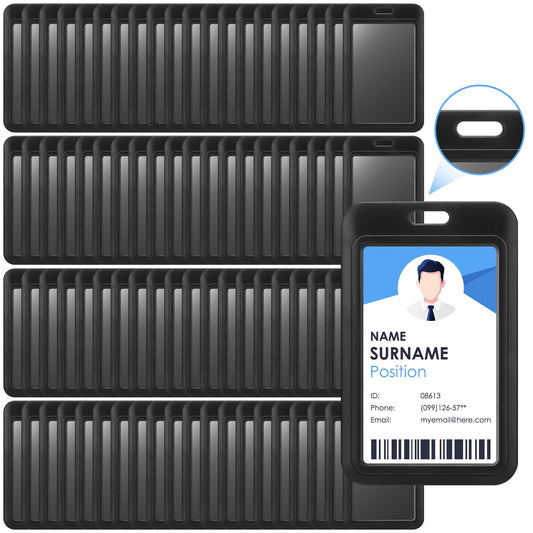 Eaasty 80 Pcs Hard Plastic ID Badge Holder Vertical Slide Open Card Case Black Name Tag Holders Badge Sleeve ID Case Protector with Clear Window for Nurses Office Credit Cards