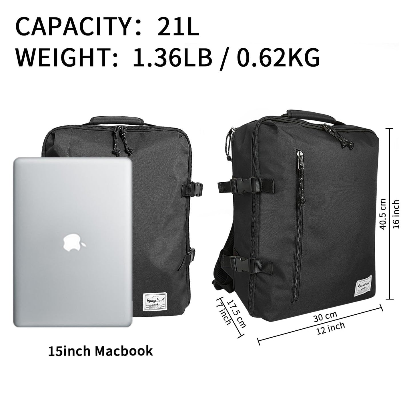Rangeland New Business Trip Backpack 21L Flight Approved Carry on Daypack 15-inch Laptop Notebook, Travel Commute Gym Sport, All Black