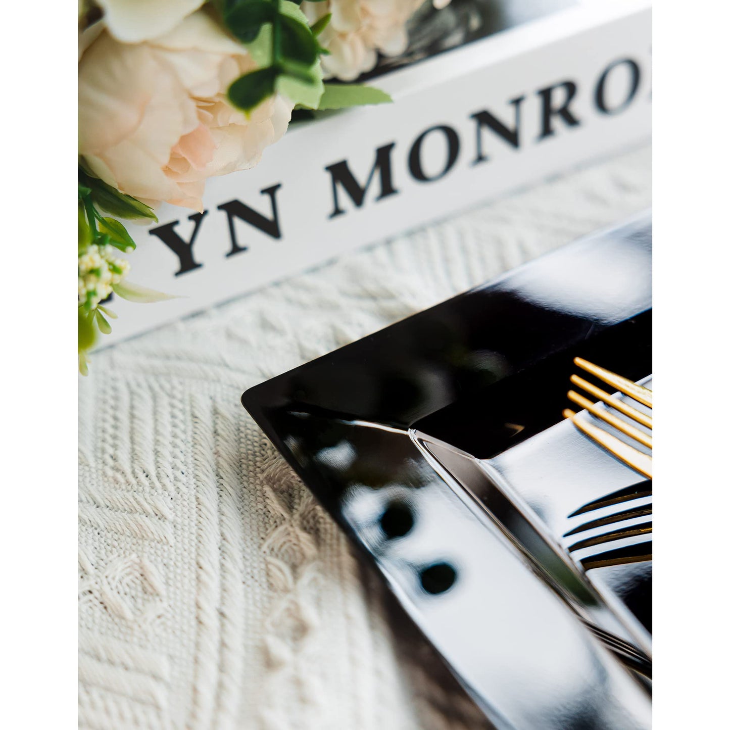 NZVCN 100 Pack Black Plastic Square Dessert Plates, 6.5" Disposable Salad Plates Heavy Duty Plates for Party, Wedding, Christmas, Easter