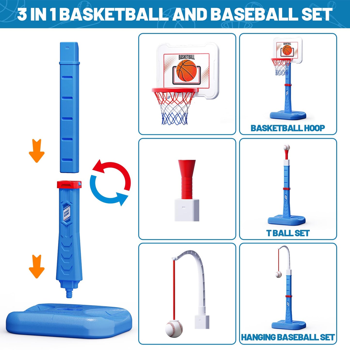 3 in 1 Kids Basketball Hoop and T Ball Set, Adjustable Height Toddler Basketball Hoop, Hanging Tee Baseball, Indoor Outdoor Sports Toys Gifts for Toddlers Boys Girls Ages 3 4 5 Year（Blue