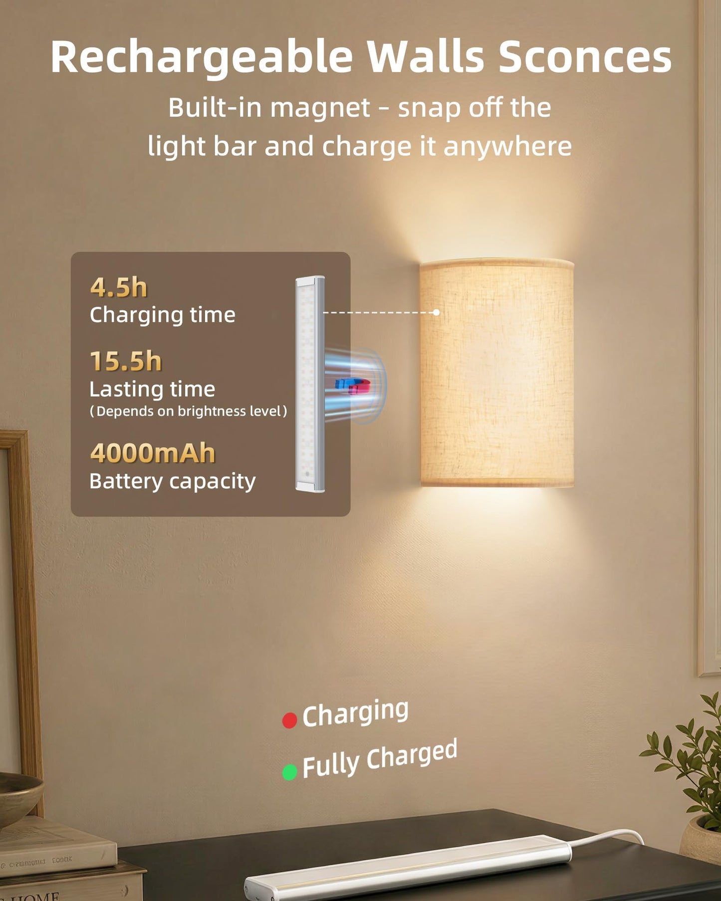 EZVALO Battery Operated Wall Sconce, Rechargeable Wall Sconces Set of Two with Remote, 3 Color & 80 RGB Wireless Wall mount Light, Dimmable, Timer, Peel and Stick, Fabric Linen Wall Lights for Bedroom