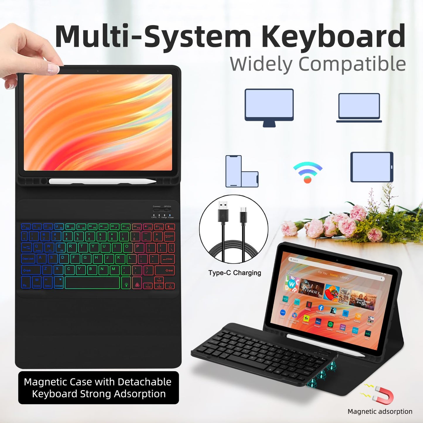 EAMPANG Tablet Case with Keyboard for Amazon Kindle Fire HD 10&10 Plus 11/13th Gen 10.1 inch,7 Color Rainbow Backlit Detachable Keyboard Magnetic Cover with Pen Slot HD 10 2021&2023 Black+Black