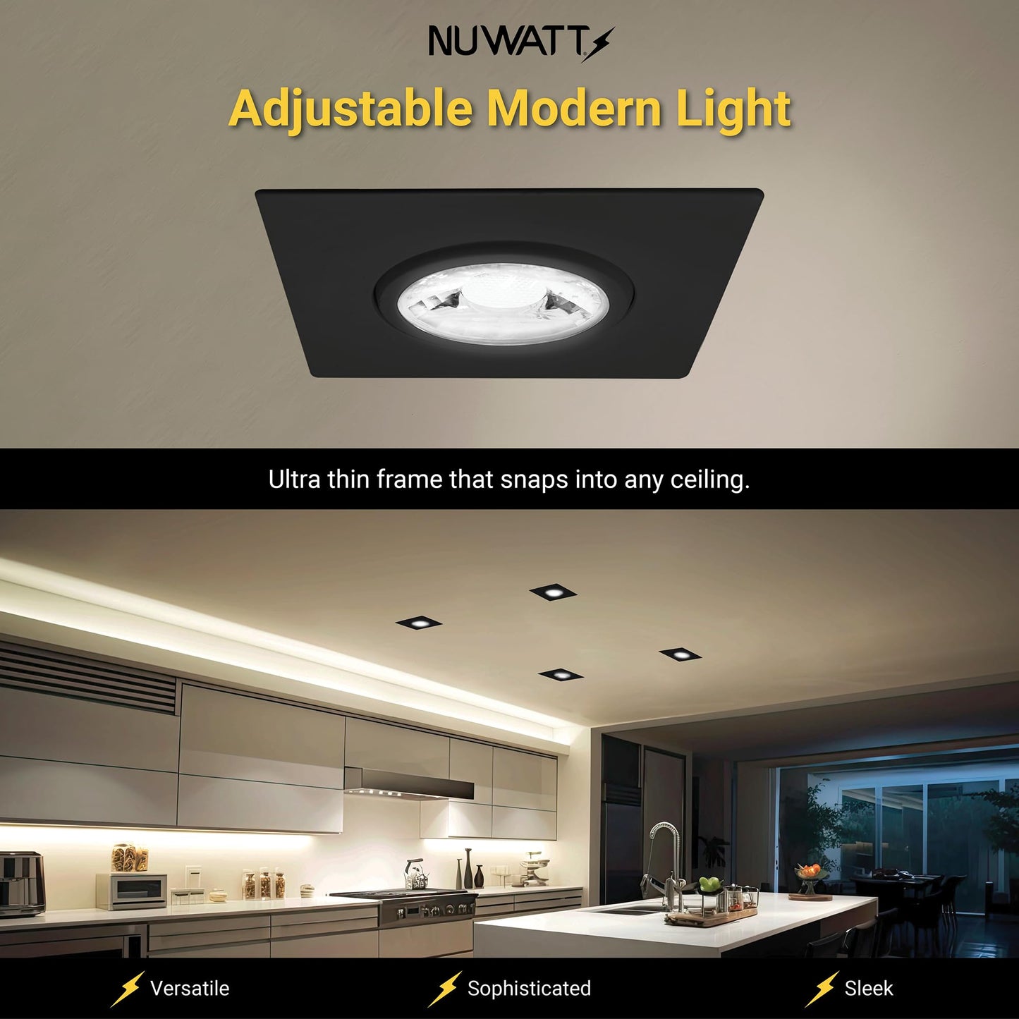 NUWATT 3 Inch LED Gimbal Recessed Lights Black Square, 5CCT 2700K/3000K/3500K/4000K/5000K Selectable 8W, 600 Lumens, IC Rated, Wet Rated, 120V, Dimmable, Canless Adjustable Recessed Lighting, 4 Pack