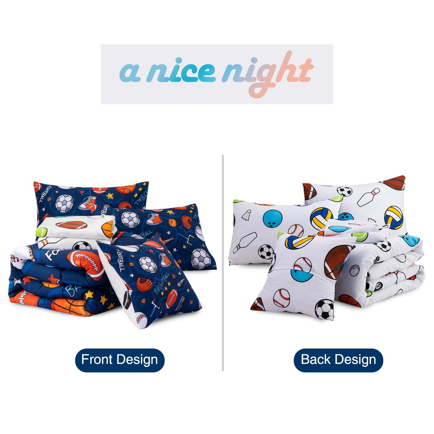 A Nice Night 6Pcs Bed in A Bag Twin Sports Microfiber Modern Comforter Set,Navy Rugby Ball Printed Bedding Collections,for Boys Kids Teen