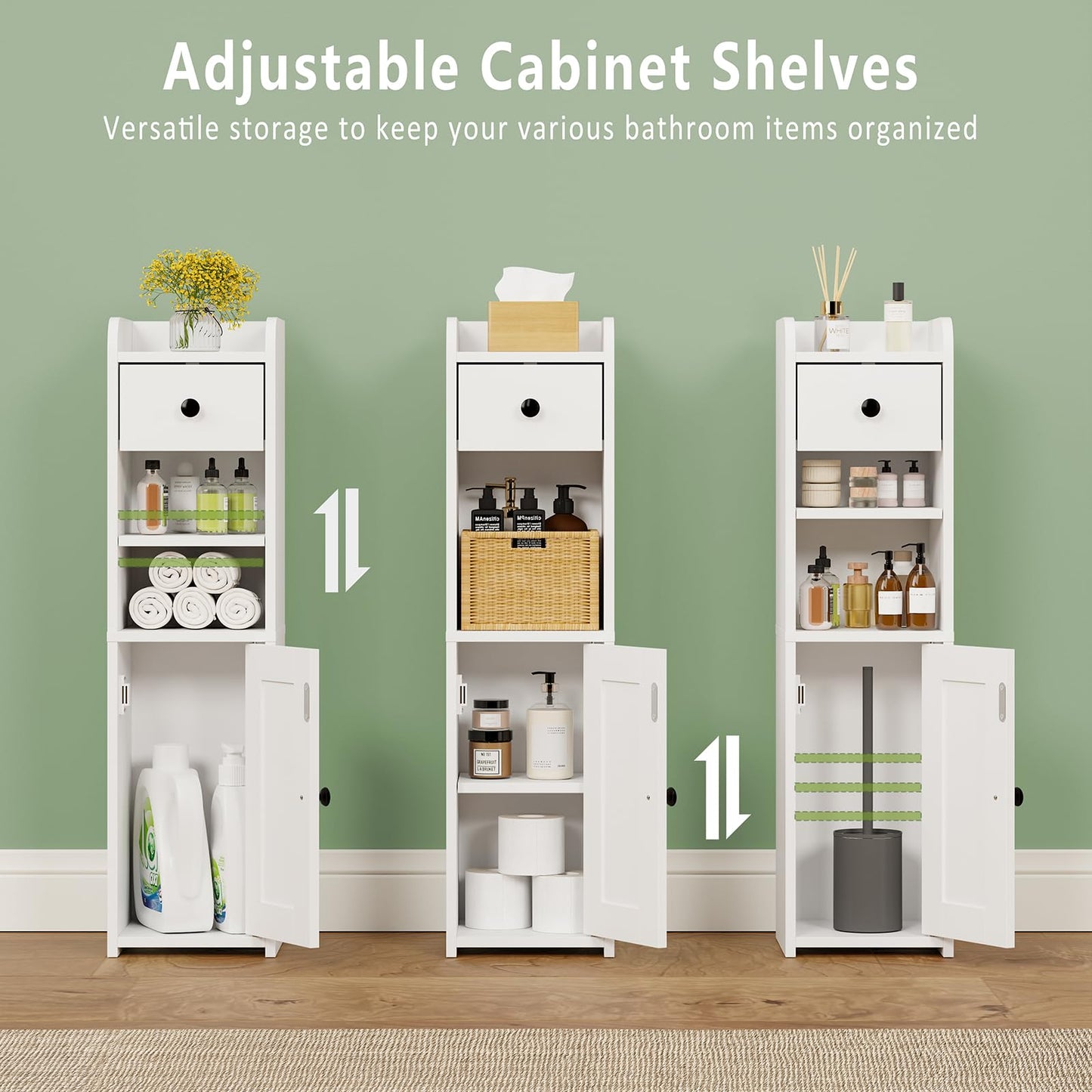 Lomojo Small Bathroom Storage Cabinet,Narrow Toilet Paper Holder,Corner Floor Cabinet with Doors and Drawer for Small Space,Adjustable Shelf Organizer,7.75L*7.75D*29.6H(White)