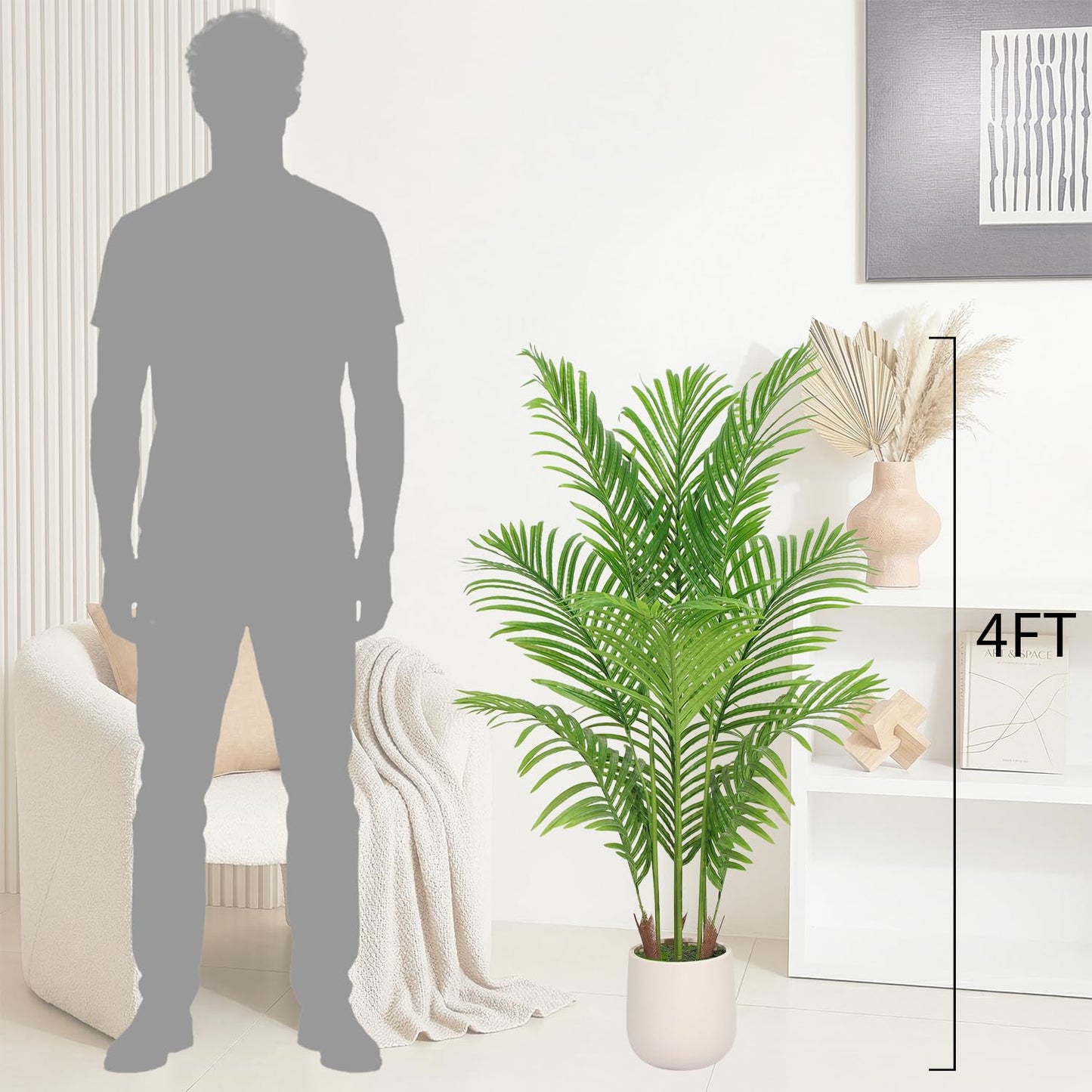 Artificial Palm Tree 4FT, Fake Tree Tall Fake Plant with White Planter, Artificial Tree Faux Floor Plant Artificial Plant Indoor for Home Office Living Room Decor