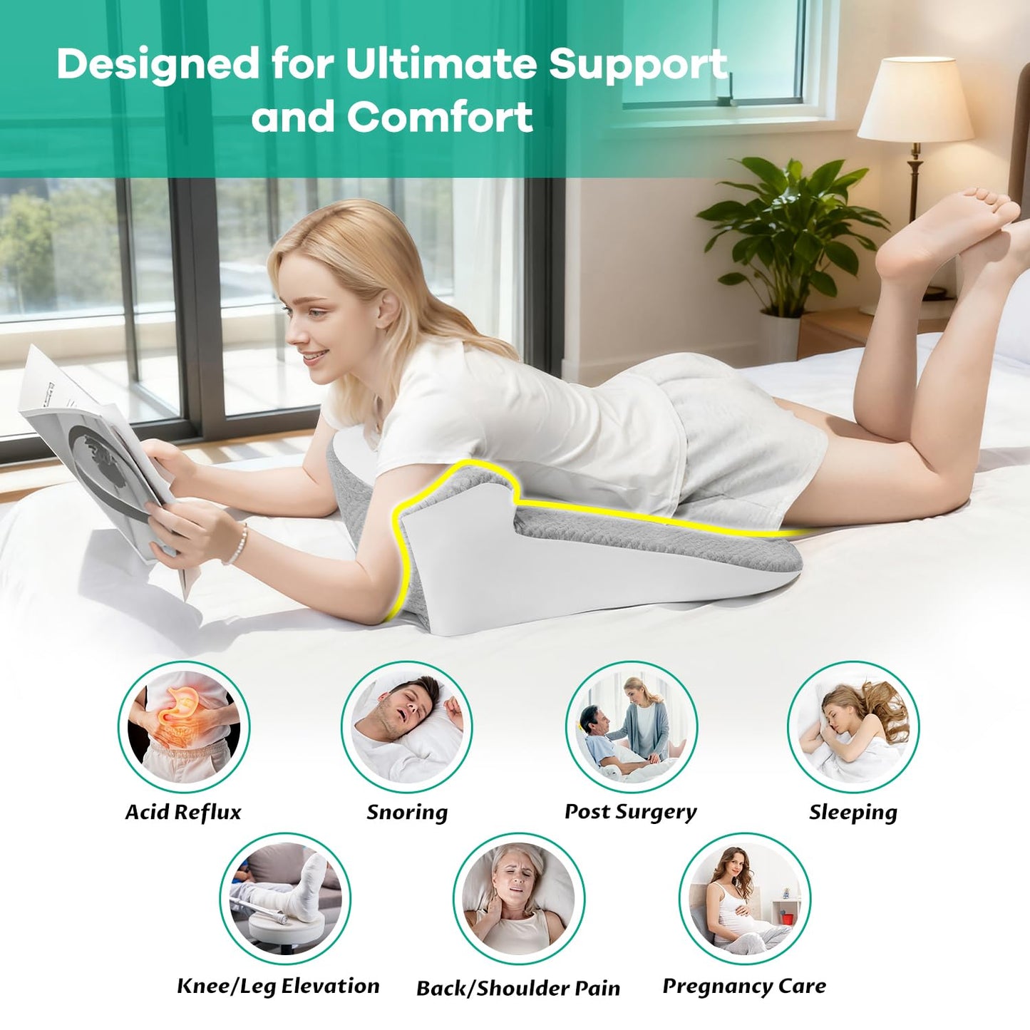 YRuiSofut Bed Snorinator Pillow, Ergonomic Wedge Pillow for Sleep Apnea Memory Foam Reading Pillow for Back, Neck & Head Comfortable Support-Grey