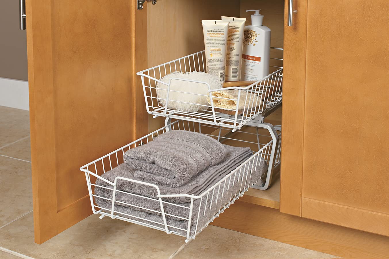 ClosetMaid 11 in. Pull Out Cabinet Organizer, 2 Tier, Heavy Duty, Slide Out Pantry Shelves Drawers for Kitchen, Bathroom, White