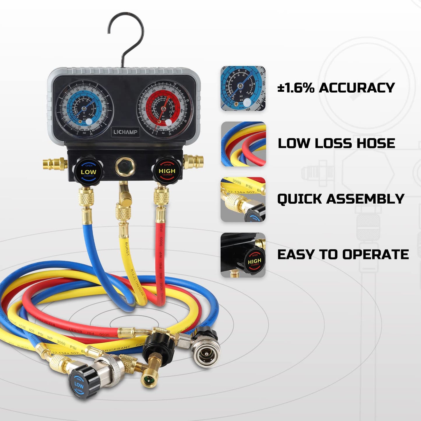 Lichamp AC Gauges, A/C Manifold Gauge Set for R134a R22 R12 R502, Professional #A302