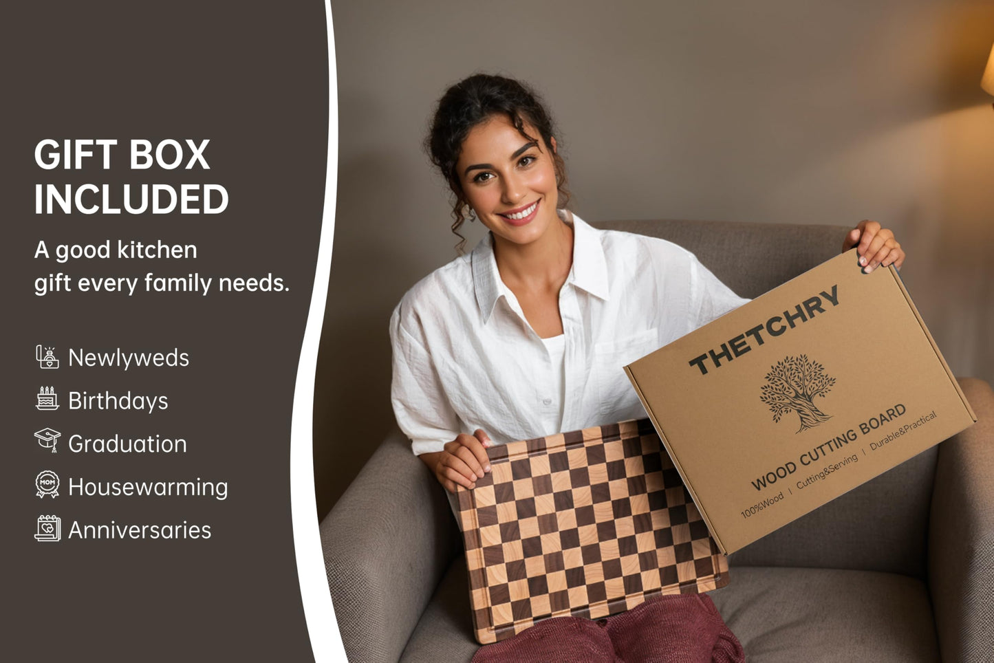 THETCHRY Cutting Boards for Kitchen, Extra Large Chopping Board for Stovetop, Checkered Acacia Wood Cutting Board with Juice Grooves, Butcher Block with Gift Box, 20" x 15" x 1"
