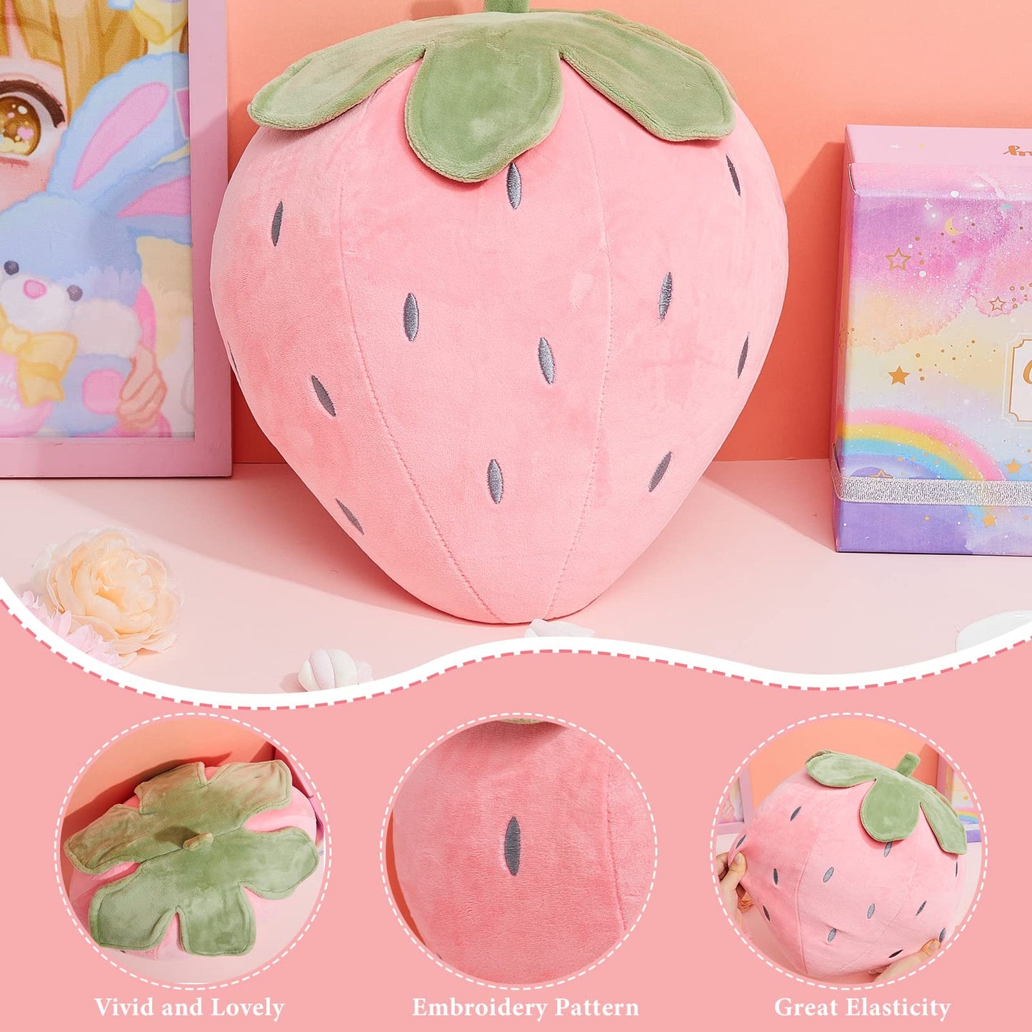 Juexica 2 Pcs Strawberry Pillow 15.7 Inch 9.8 Inch, Fruit Plush Pillow, Soft Kawaii Strawberry Bedroom Decor, Birthday Gifts for Women, Aesthetic Cute Berry Decor(Red，Pink)
