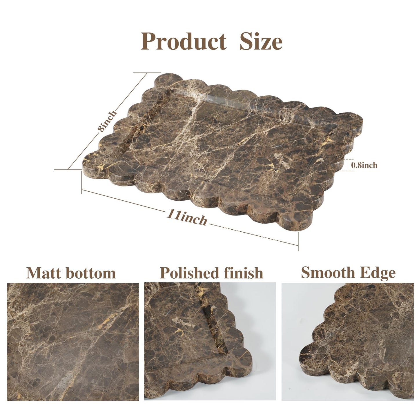 Rectangle Marble Tray with Scalloped Edge, Dark Brown Decorative Tray for Bathroom Vanity, Kitchen Counter, Dresser Top Organizer, Perfume Jewelry Holder, 11x8 Inch Natural Stone Home Décor