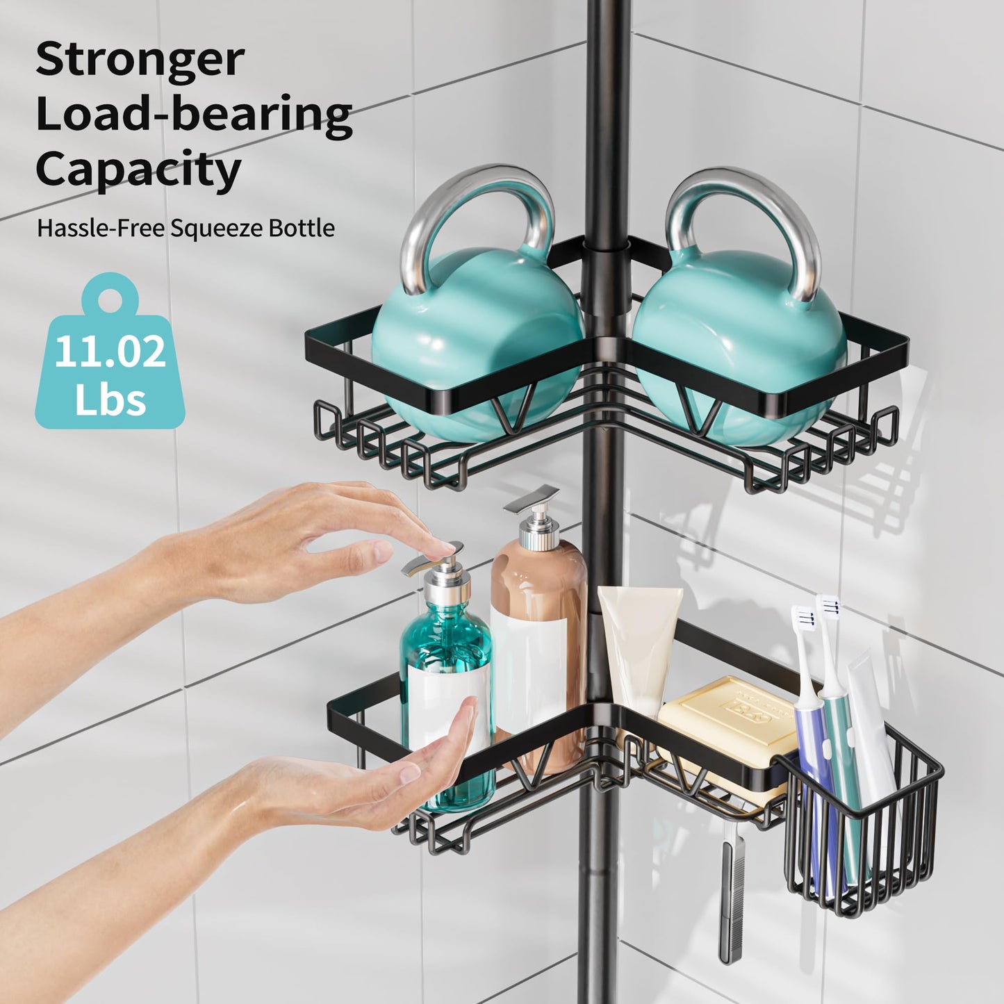 KEGII Shower Caddy Corner Tension Pole with Toothbrush Holder - Adjustable Corner Shower Organizer with Tooth Brush Holder, No Drilling Rustproof Bathroom Shelf Storage Rack, Fits 25-114.2 Inch