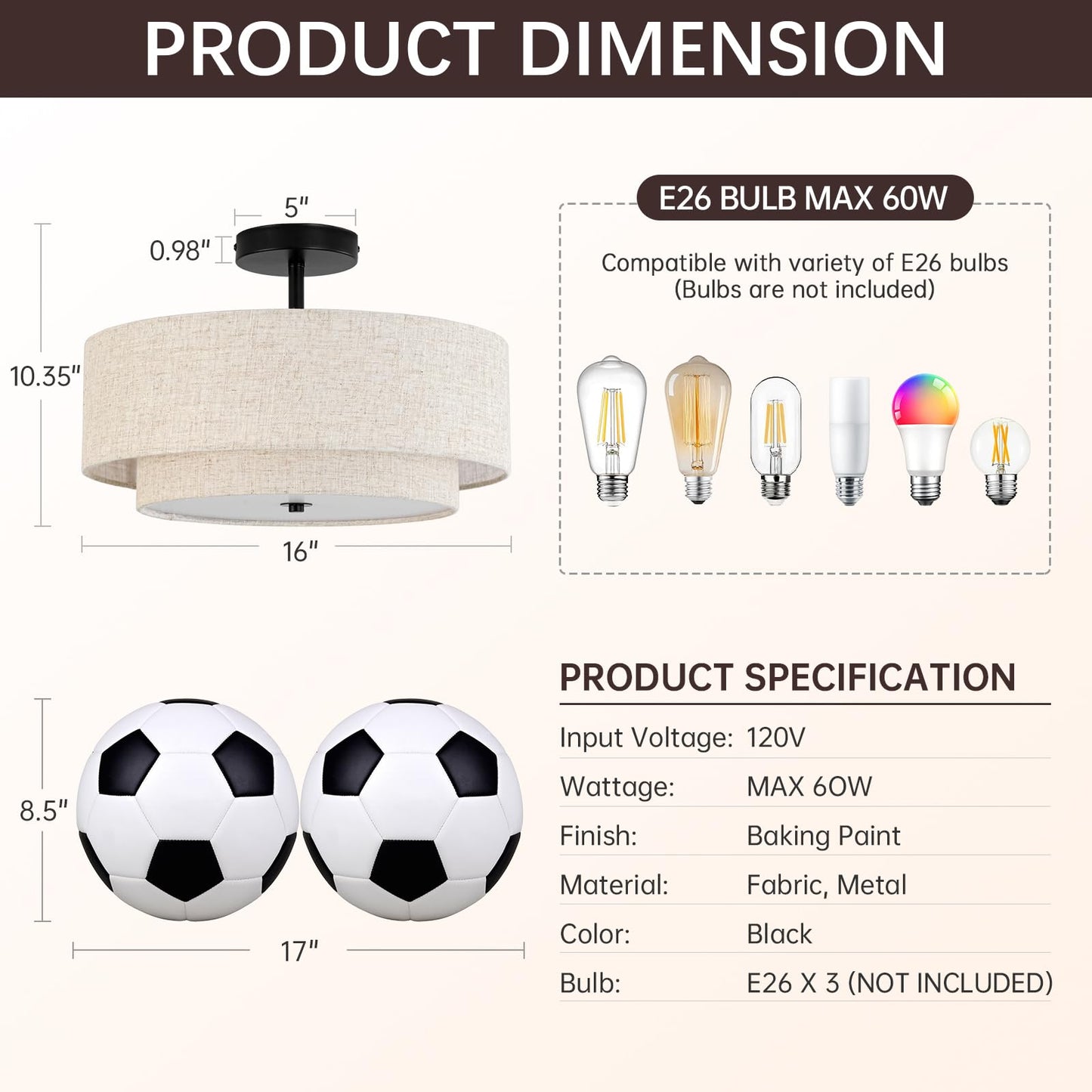 Outiron 16" Semi Flush Mount Ceiling Light, 3-Light Drum Ceiling Light Fixture with 2-Tier Fabric Linen Shade, Farmhouse Chandelier for Dining Room, Living Room, Bedroom, Kitchen, Hallway, Entryway