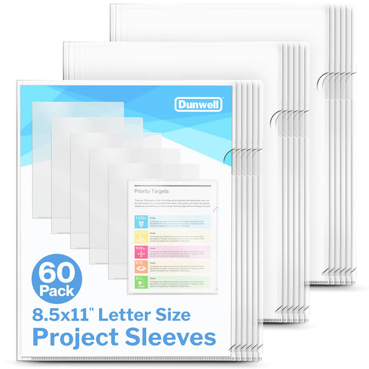 Dunwell Clear Folders for Documents, Plastic 8.5x11 File Sleeves for Document Protection, Filing, Storage, Organization (60 Pack) Transparent Folders with Pockets, Durable Letter Size Document Holder