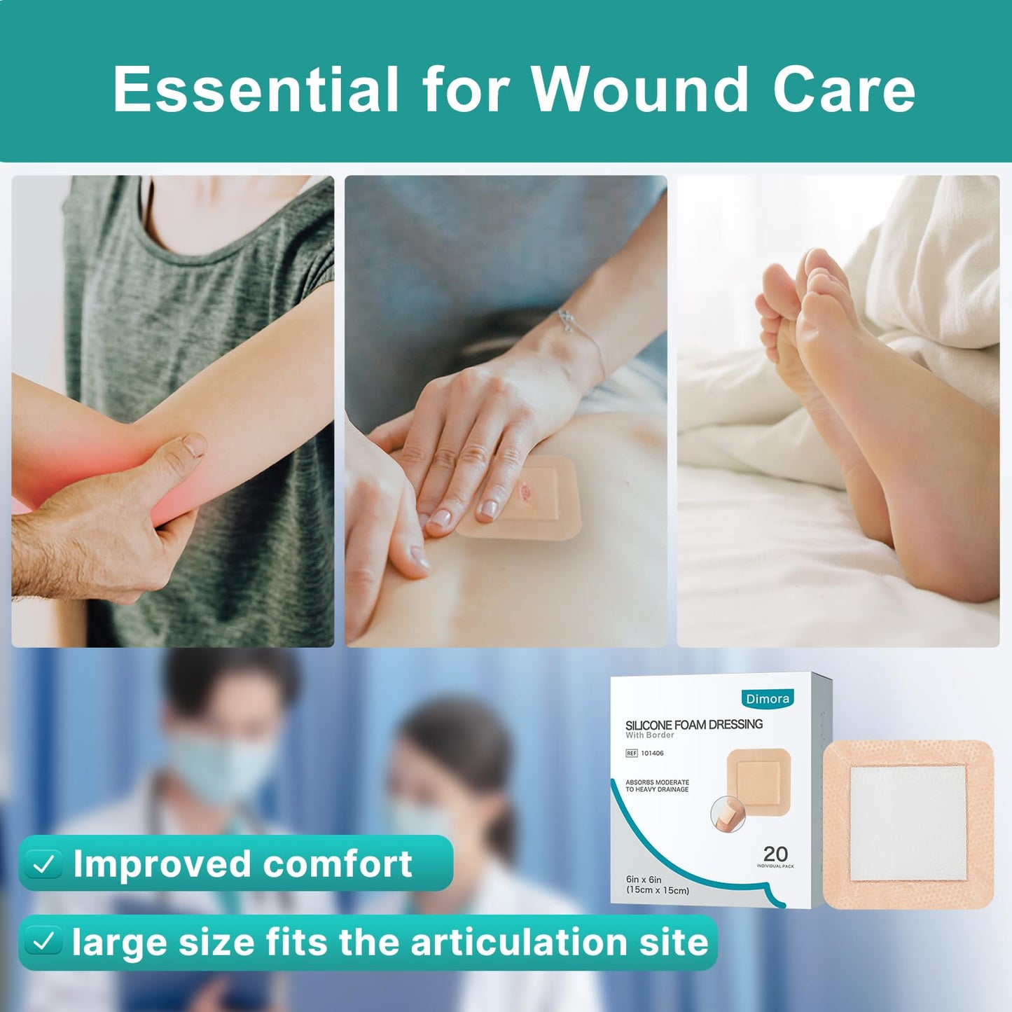 Dimora Silicone Foam Dressing with Border 40 Pack, Adhesive 4"x4" Wound Dressing Large Bandage for Wound Care FSA/HSA Approved