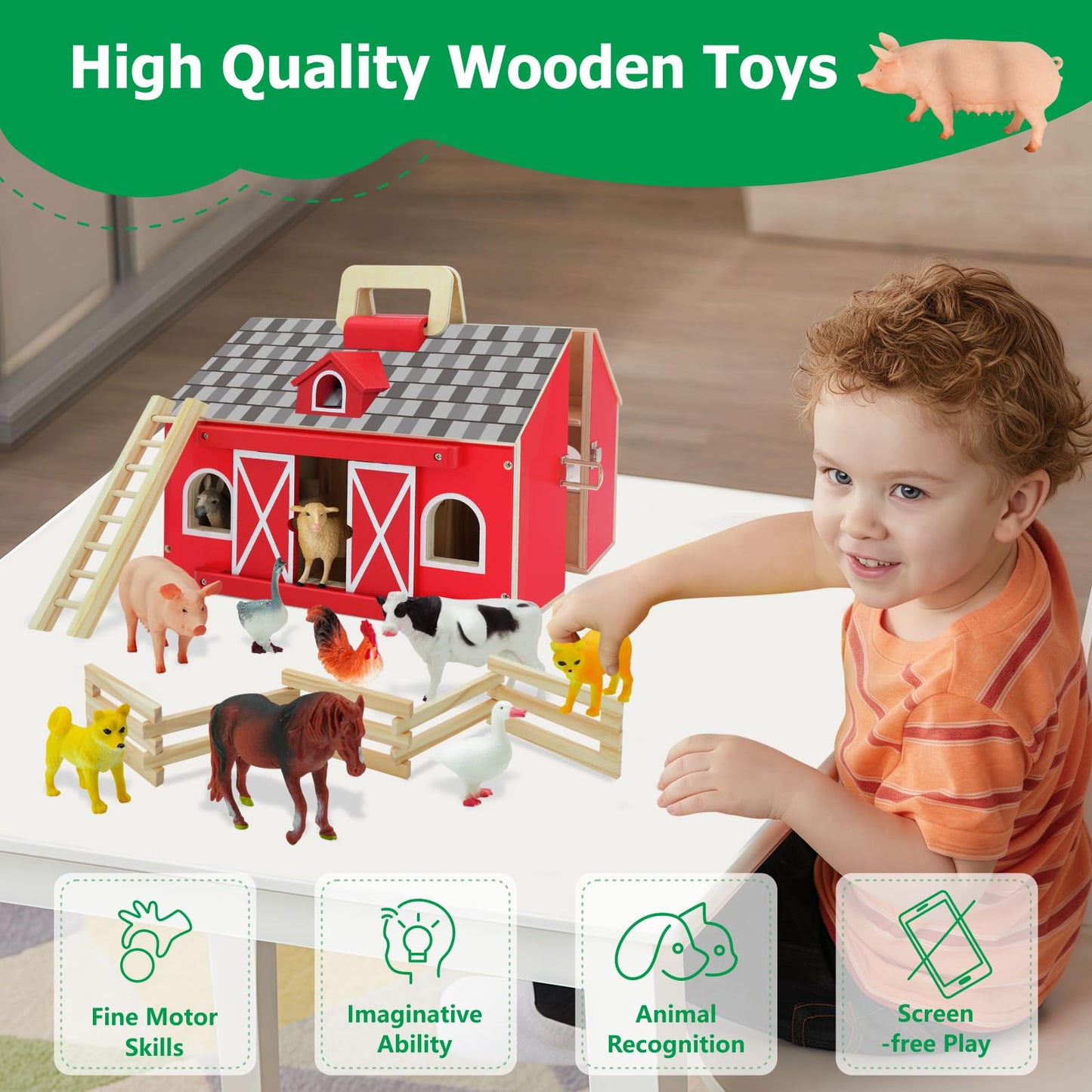 SIMPLIPLAY Farm Animal Toys with Portable Large Wooden Barn for Kids 3+ Years Old, 10 PCS Farm Animal Figures for Boys, Girls, Animal Lovers, Ideal Gift for Kids Toddlers, Improve Fine Motor Skills