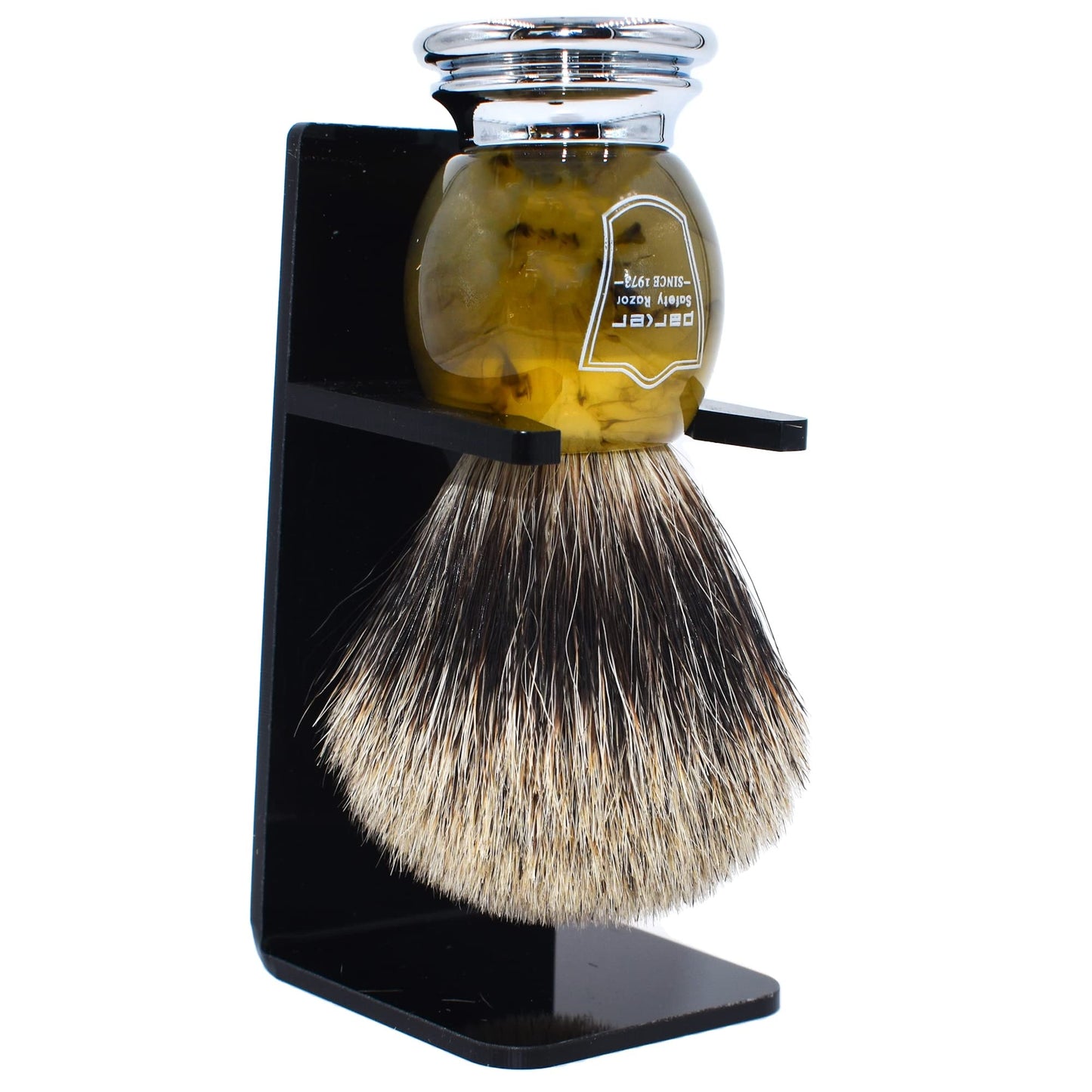Parker Premium 3-Band Pure Badger Bristle Shaving Brush with Stand, Packaged in a Gift Box, Generates a Fabulous Lather. (Faux Horn)