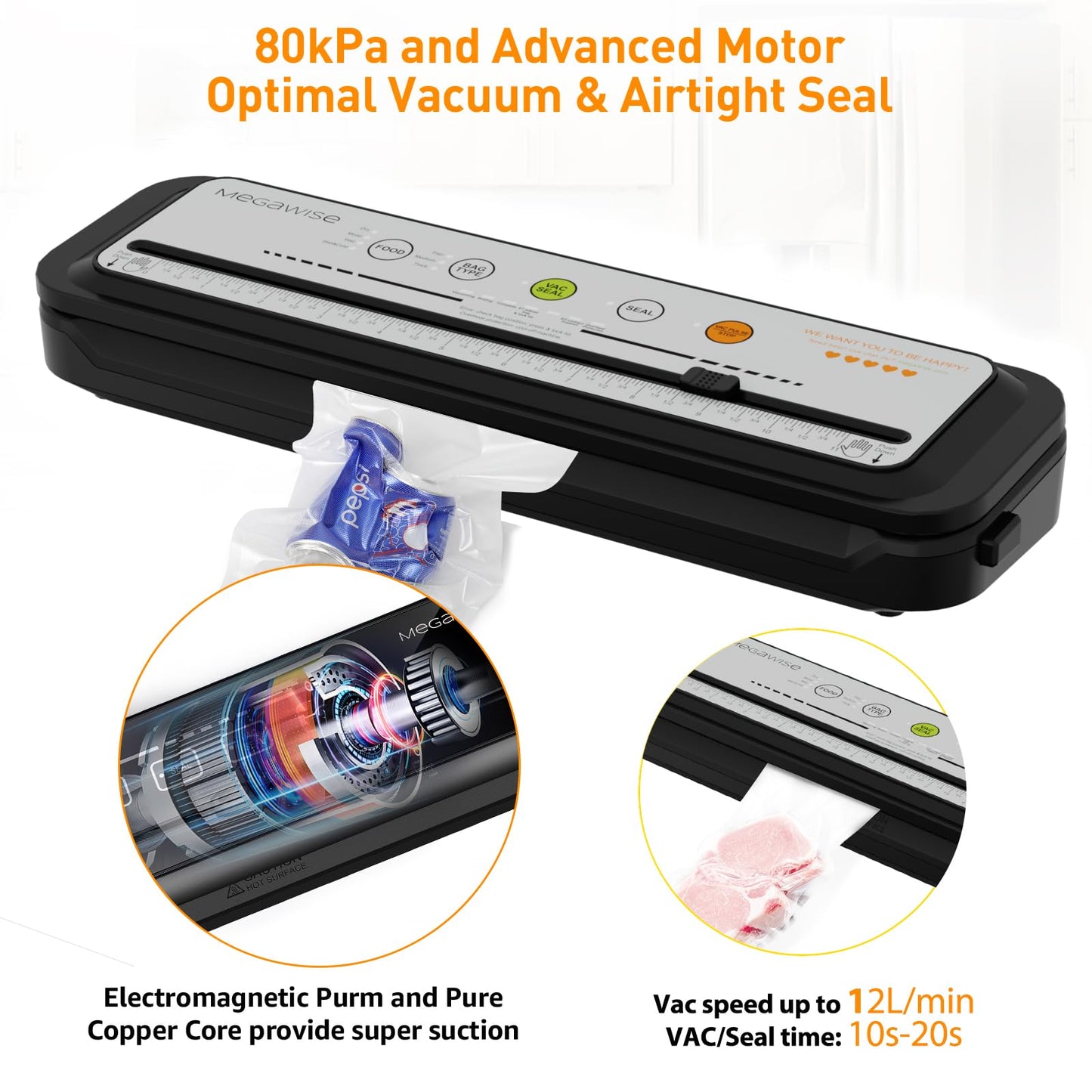 Updated Vacuum Sealer Machine 2025, MEGAWISE Food Sealer w/Starter Kit, Dry & Moist Food Modes, Compact Design with 10 Vacuum Bags & Built-in Cutter (Grey)