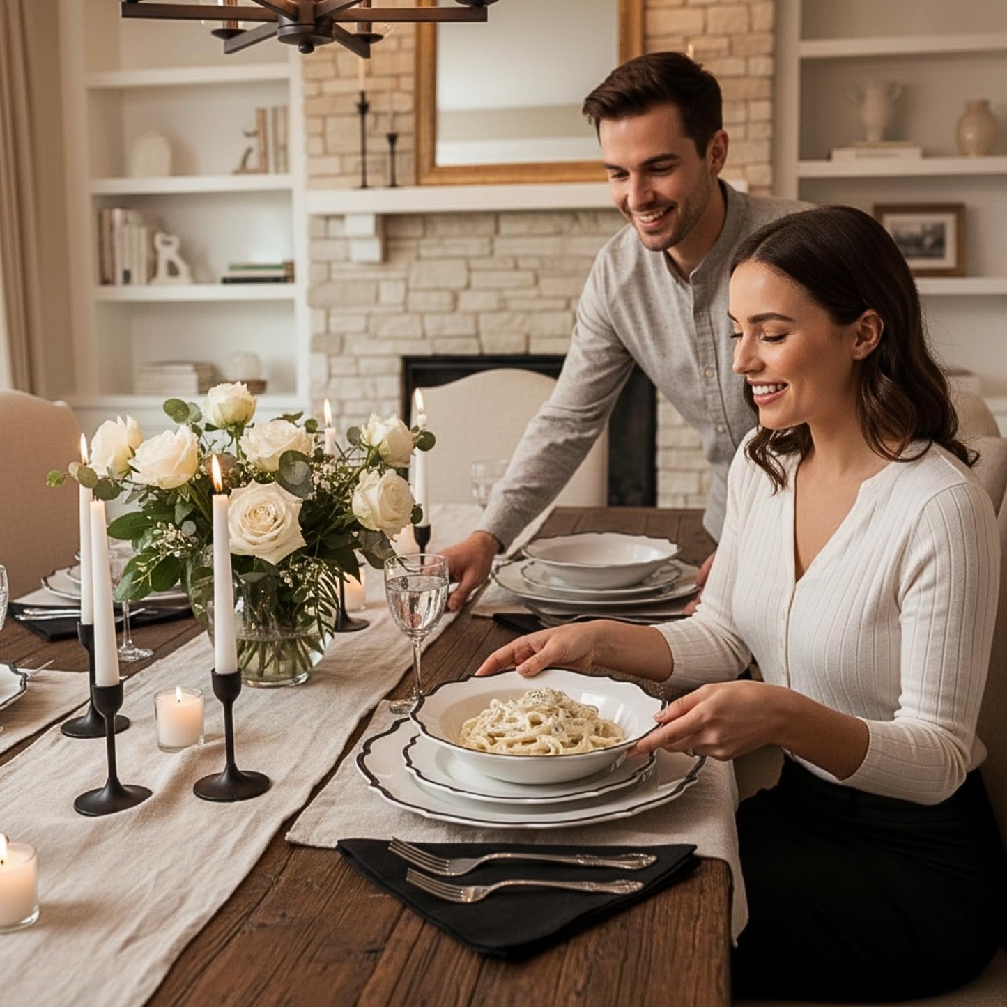 Contemporary Collection Combo White Plates with Black Rim - 7.5" - 10.5" (Pack of 32) - Sleek Modern Design - Perfect for Entertaining & Everyday Use