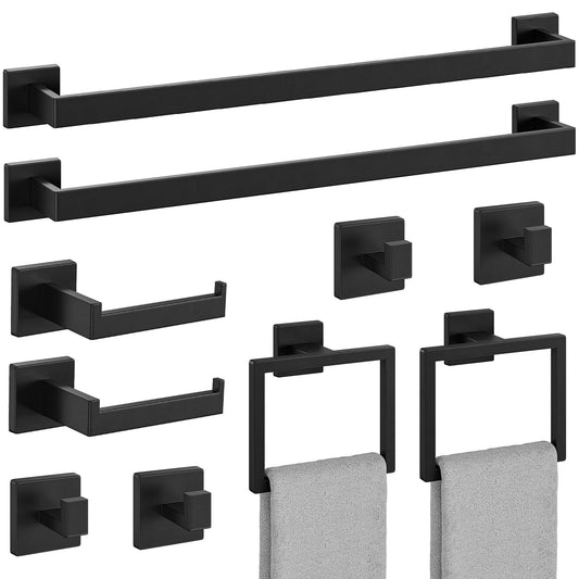 Bubxo 10-Pieces Matte Black Bathroom Accessories Set, 24 Inch Bathroom Hardware Set, SUS304 Stainless Steel Bath Towel Bar Set, Towel Racks for Bathroom Wall Mounted