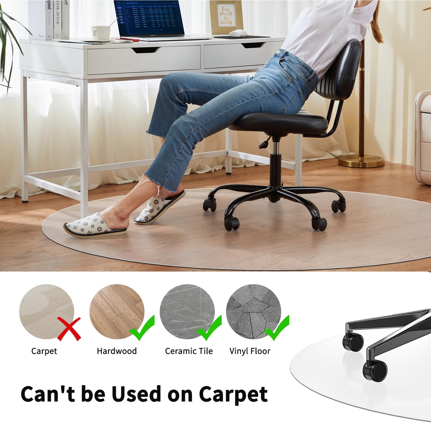 WASJOYE Office Chair Mat for Hard Floor, 48" Round Transparent Hard Floor Protector Home Floor Mat for Computer Desk Rolling Chair
