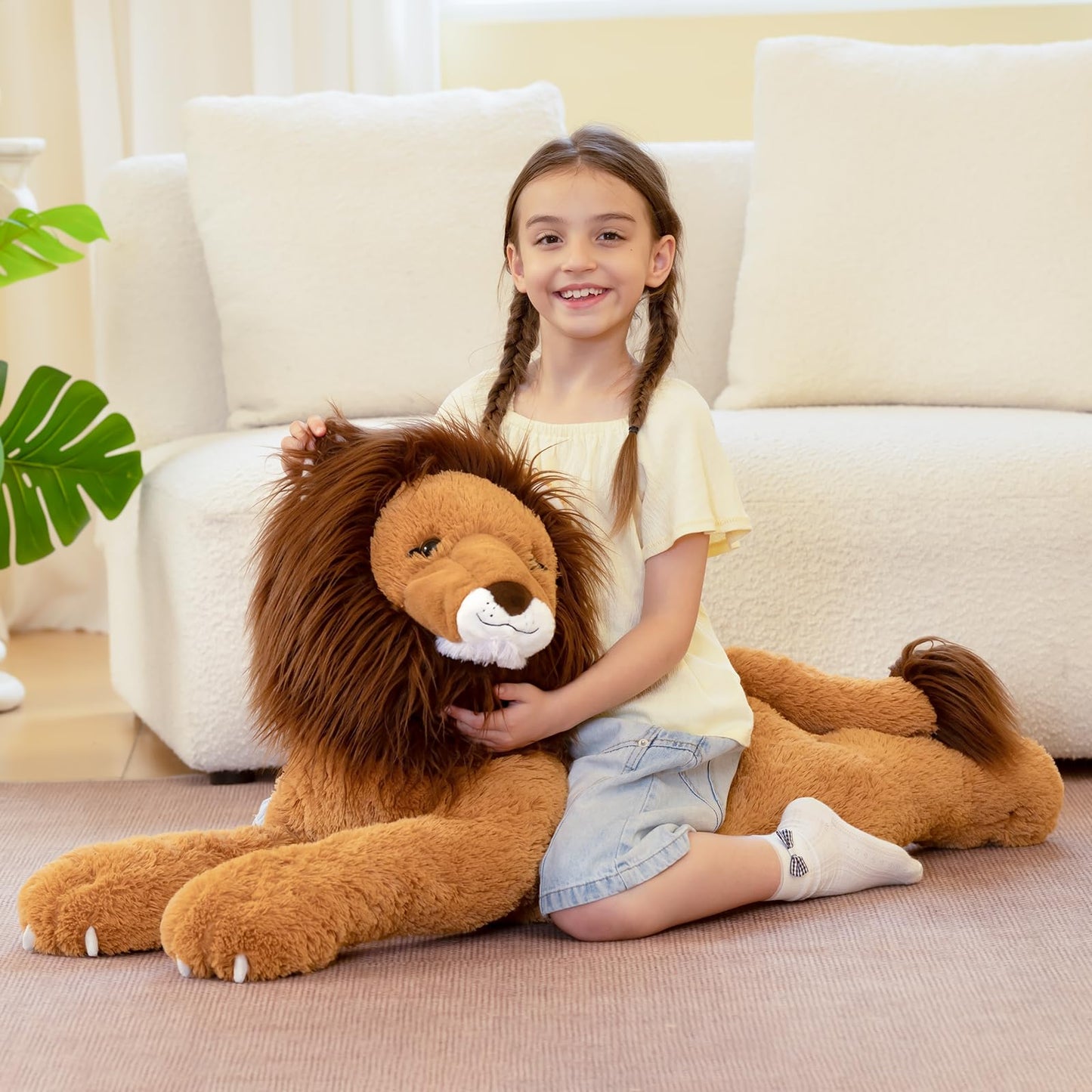 Tezituor 43.3inch Giant Lion Stuffed Animal, Hugging Soft Lion Plush Body Pillow, Realistic Large Stuffed Lion Plush Gift for Kids