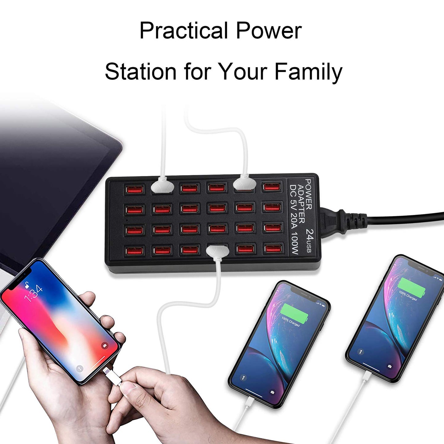 24-Port 100 watt (20 A) USB Charging Station, Home Desktop Fast Charger, Multiple Chargers, Suitable for Hotels, Shops, Schools, Shopping malls and Travel