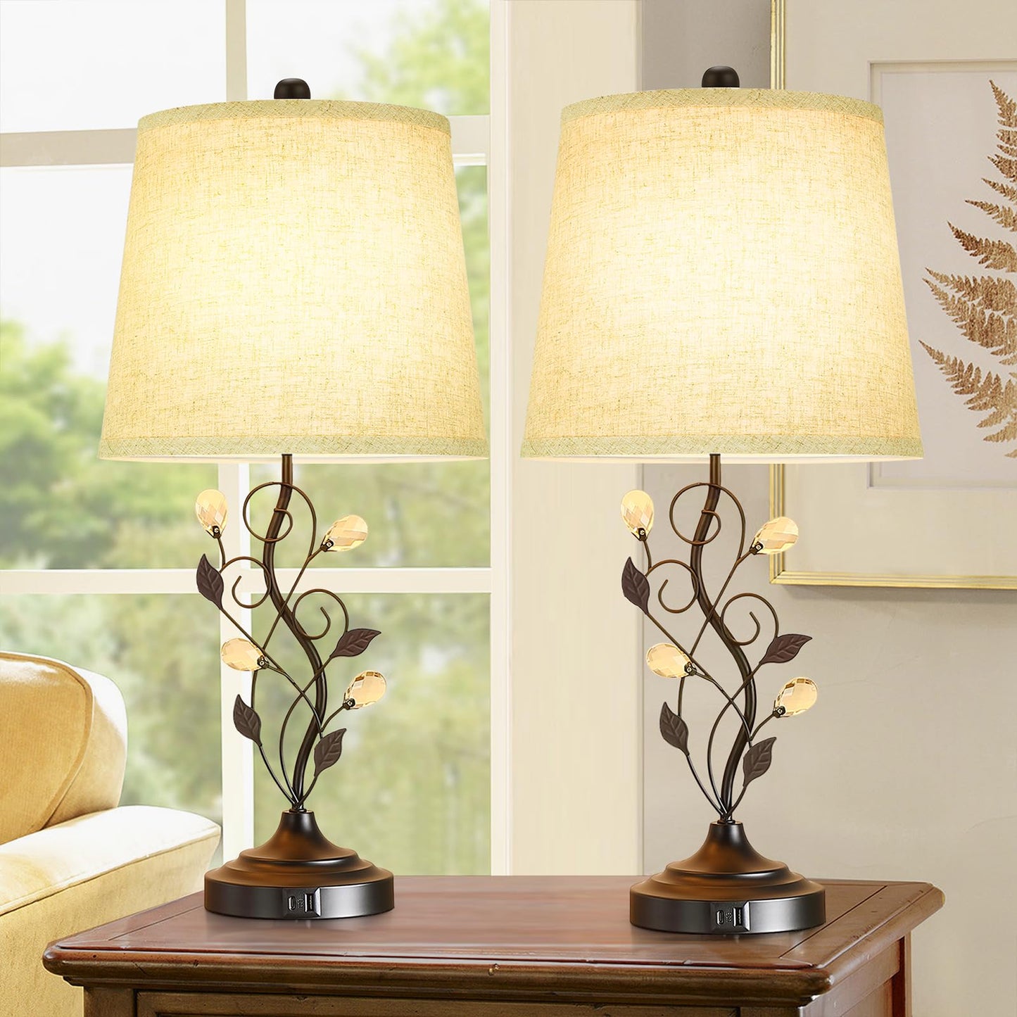 Sheetea 24.5in Farmhouse Table Lamps Set of 2, Rustic Bedroom Lamps with 2 USB Charging Ports, Cream Fabric Shade, Metal & Crystal Finish