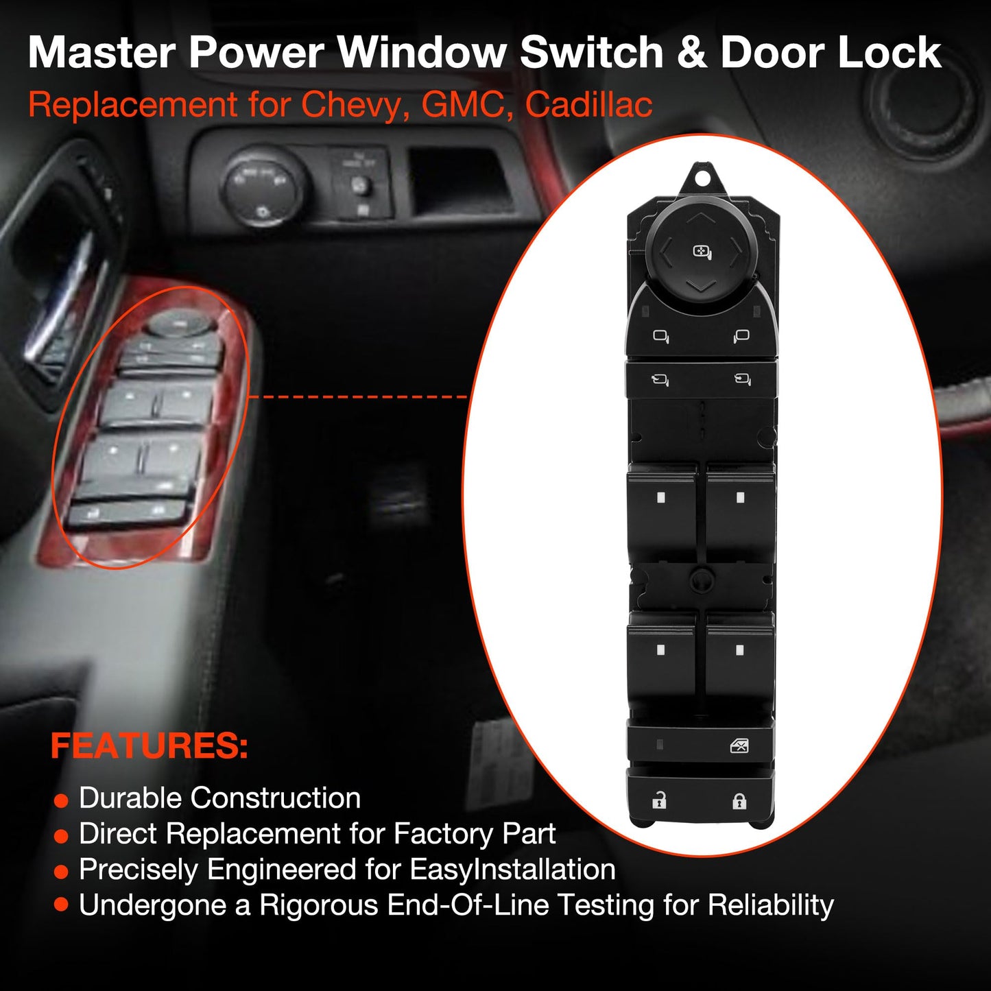 20835553 Driver Side Power Master Control Window & Mirror & Door Lock Switch - Fit for 2007-2014 Chevy Avalanche Cheyenne Tahoe Silverado Suburban/GMC Sierra Yukon XL 1500 2500 3500 Cadilla Escalade