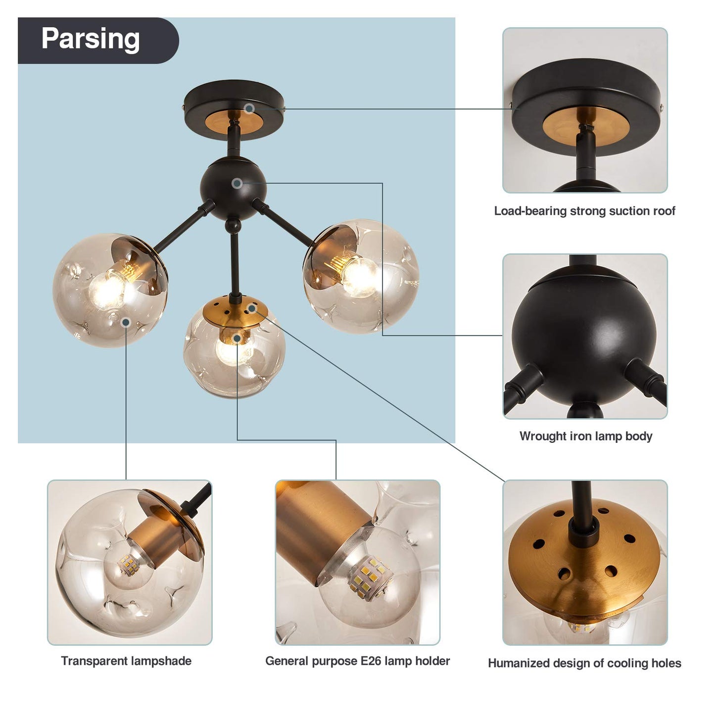 SZXYKEJI 3-Light Chandelier ，Vintage Semi Flush Mount Ceiling Light Fixture with Glass Globe， Black Ceiling Light for Hallway Stairway Porch Entryway Kitchen Bedroom Laundry Farmhouse..